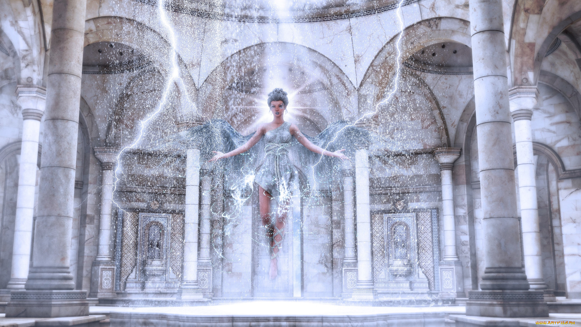 3д, графика, ангел, , angel, фон, взгляд, девушка, молнии, ангел