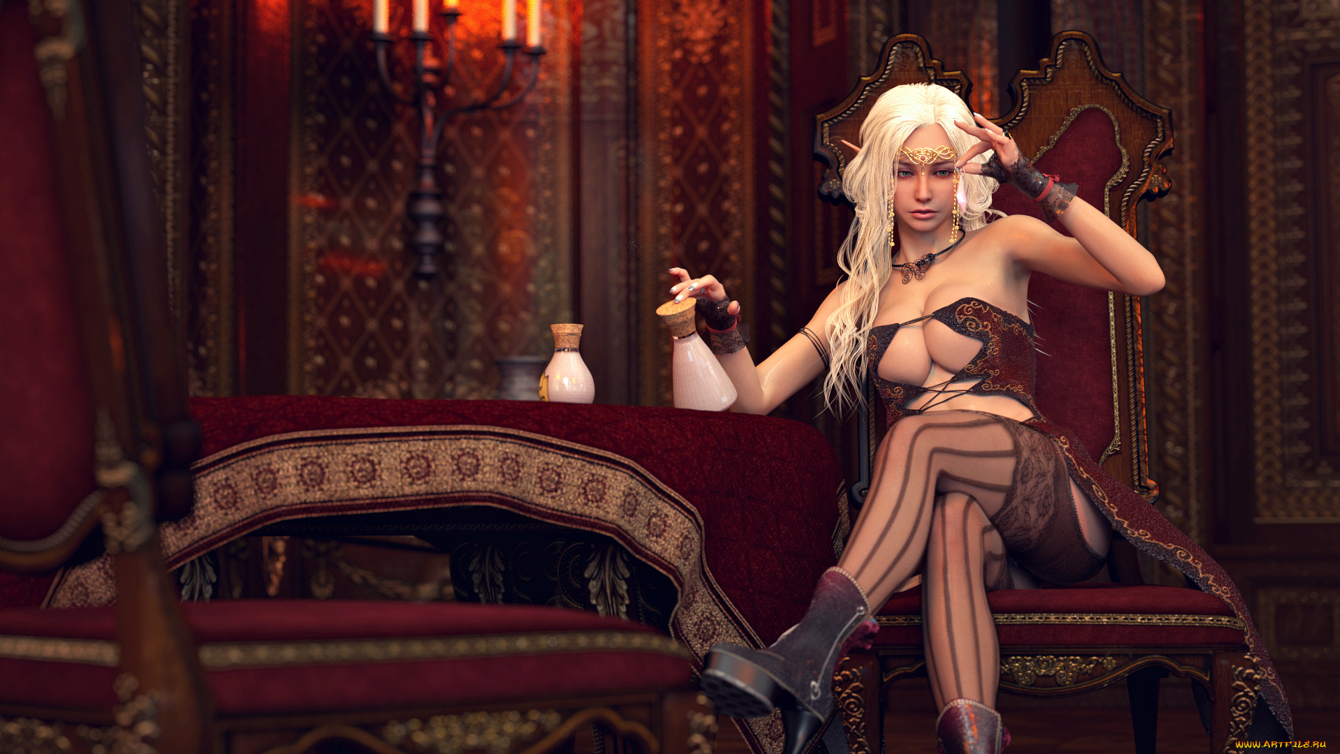 3д, графика, эльфы, , elves, взгляд, эльфийка, чулки, фон, стол, кресло