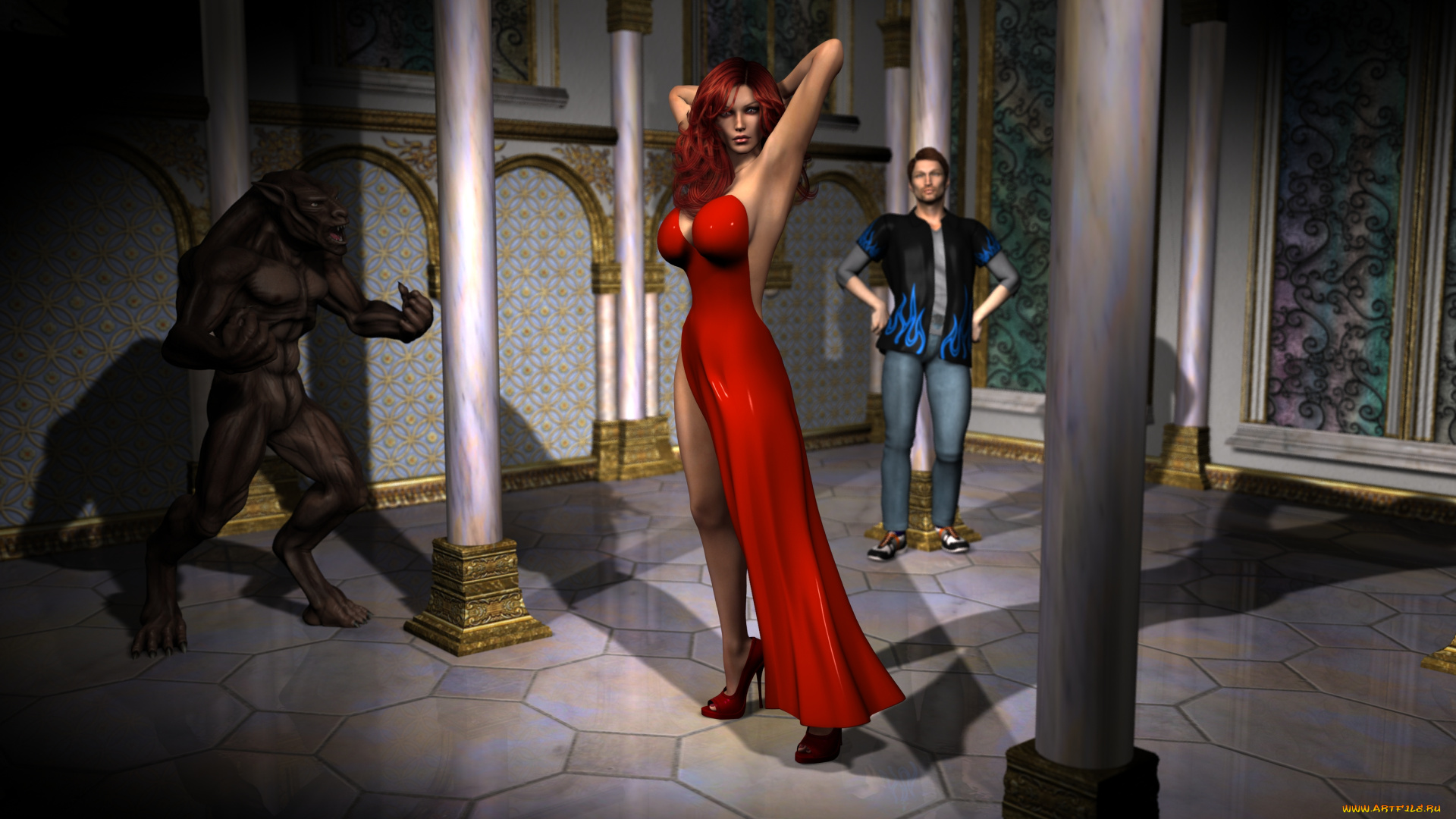 3д, графика, фантазия, , fantasy, парень, фон, взгляд, девушка, существо