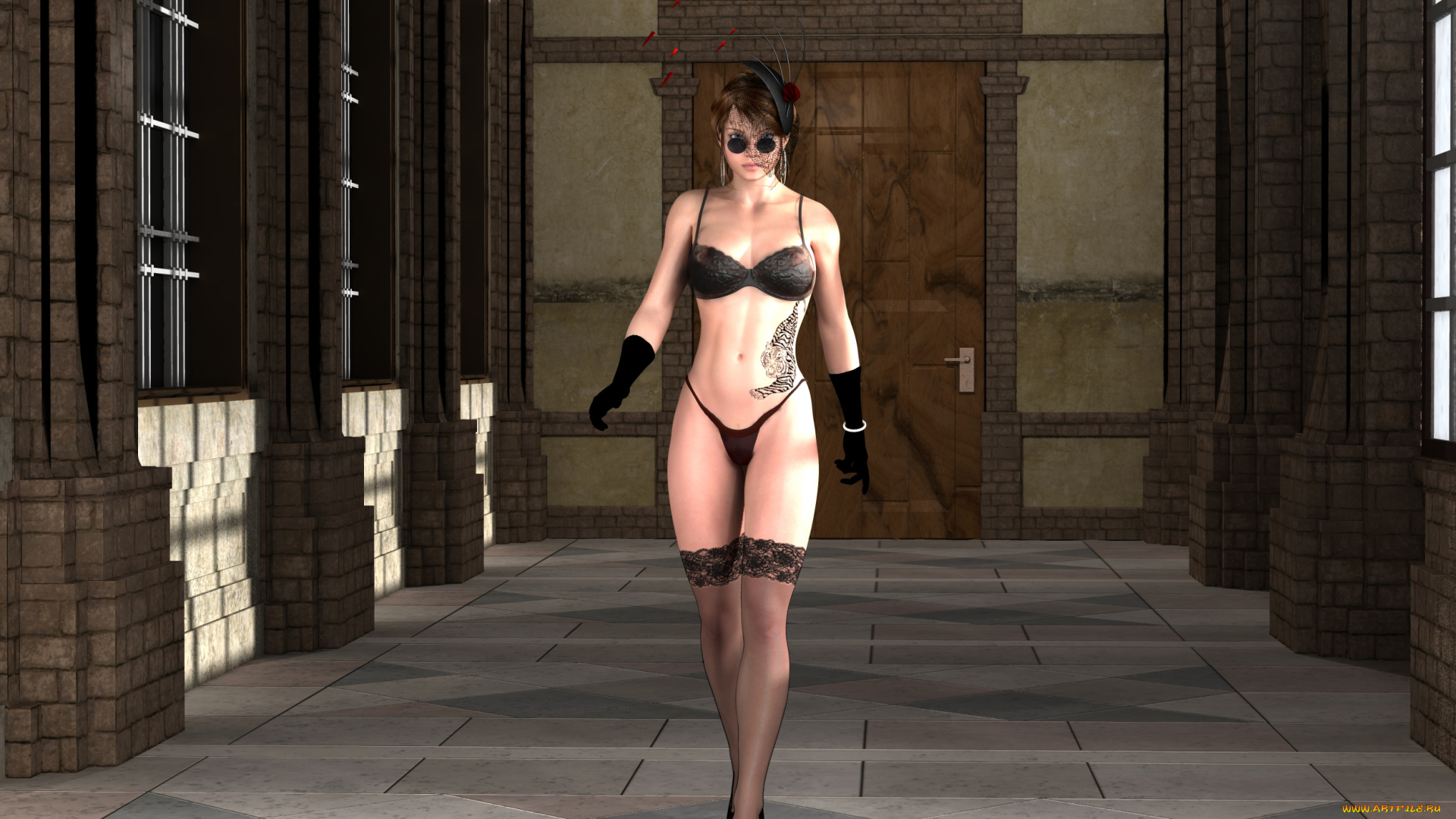 3д, графика, люди, , people, взгляд, девушка, тату, чулки, фон