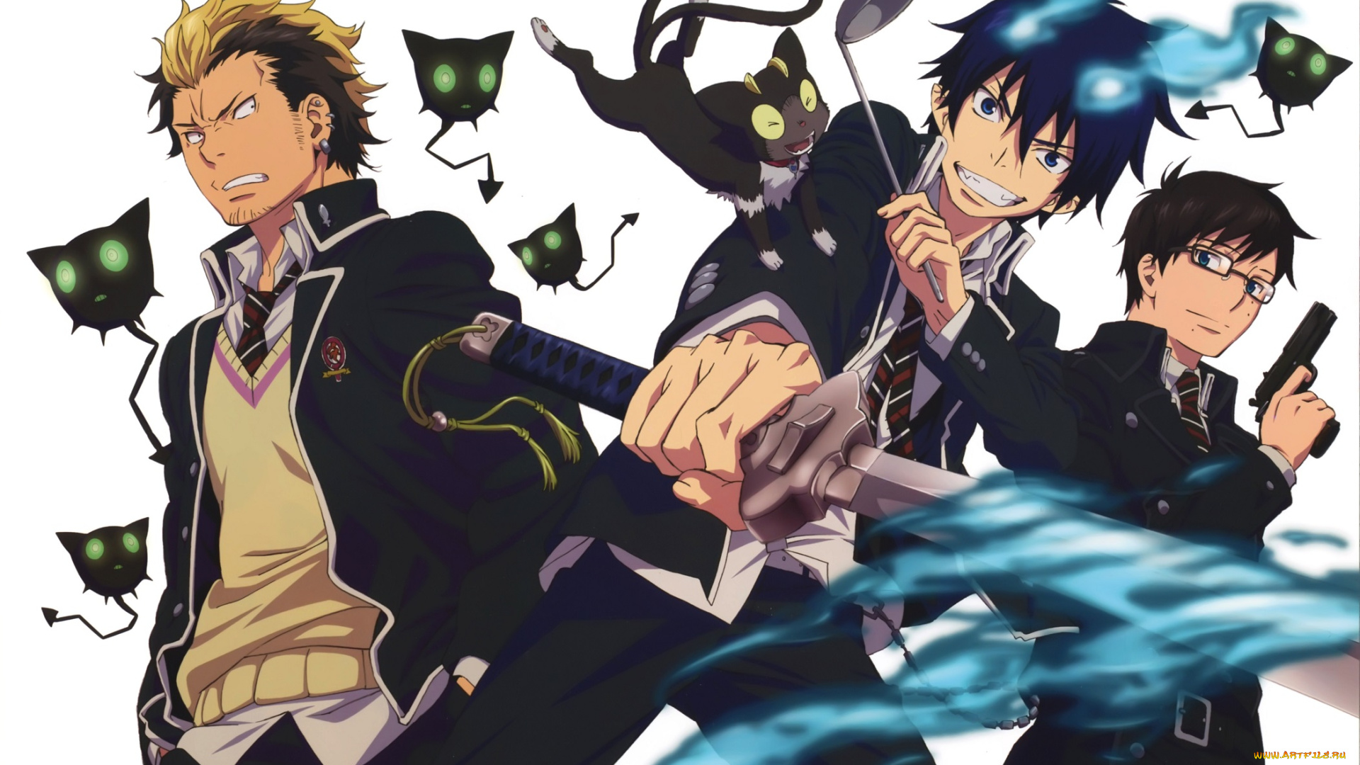 аниме, ao, no, exorcist, арт, парни, рин, синий, экзорцист, фон