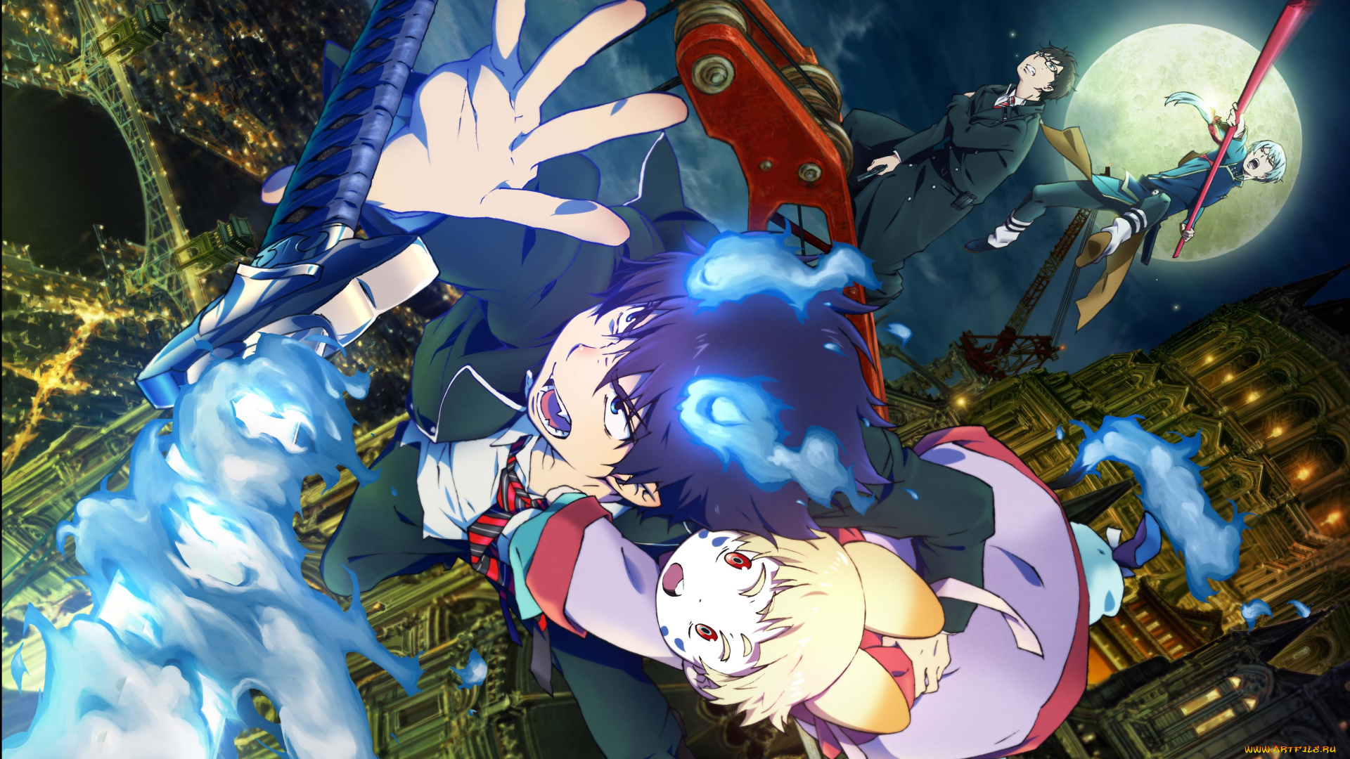 аниме, ao, no, exorcist, луна, ночь, рин, парни, город, синий, экзорцист, арт