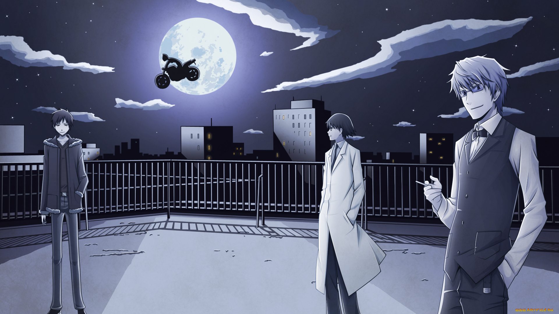 аниме, durarara, шинра, арт, город, ночь, крыша, изая, шизуо