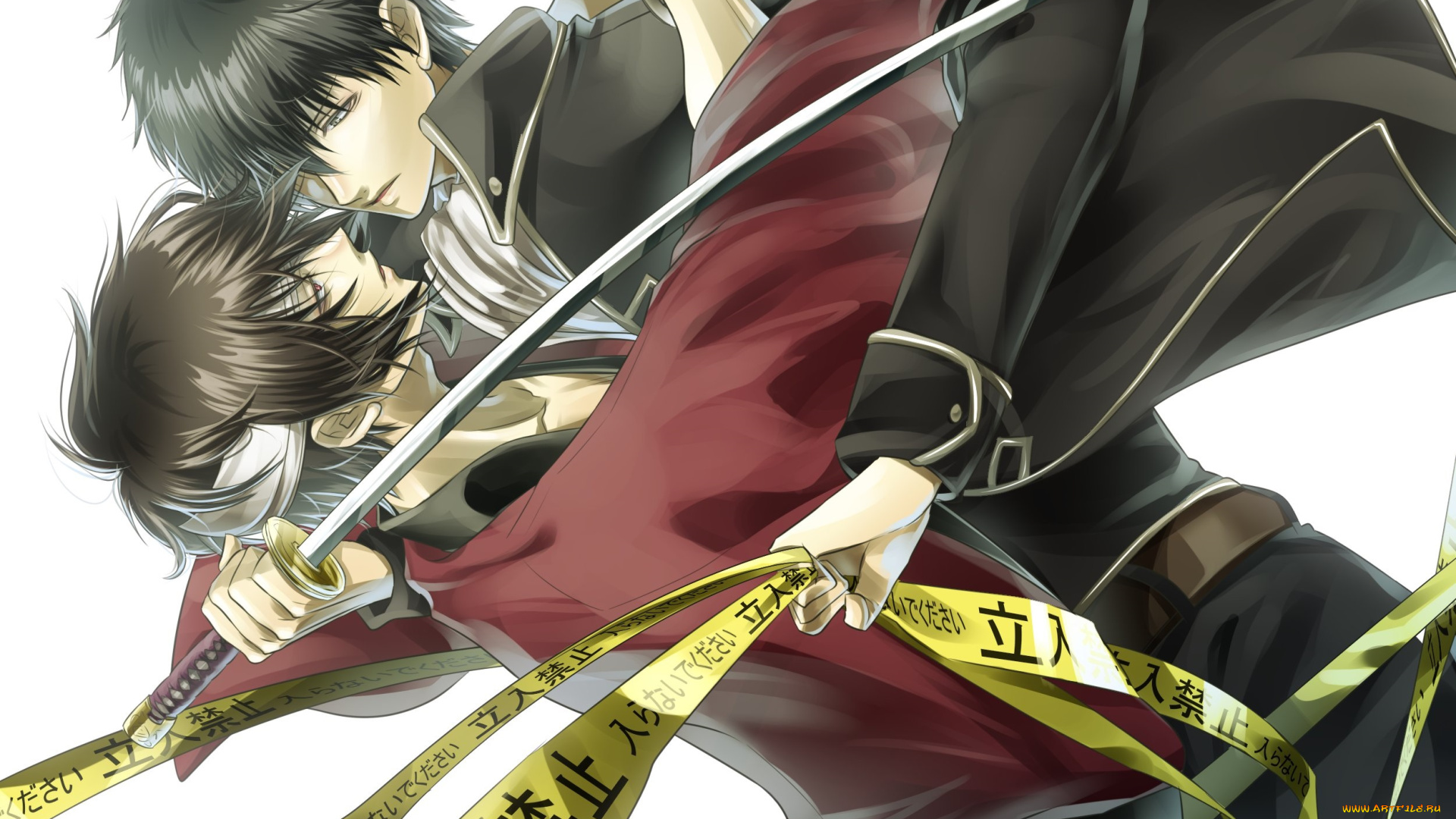 аниме, gintama, парни, арт, гинтама, меч, наручники