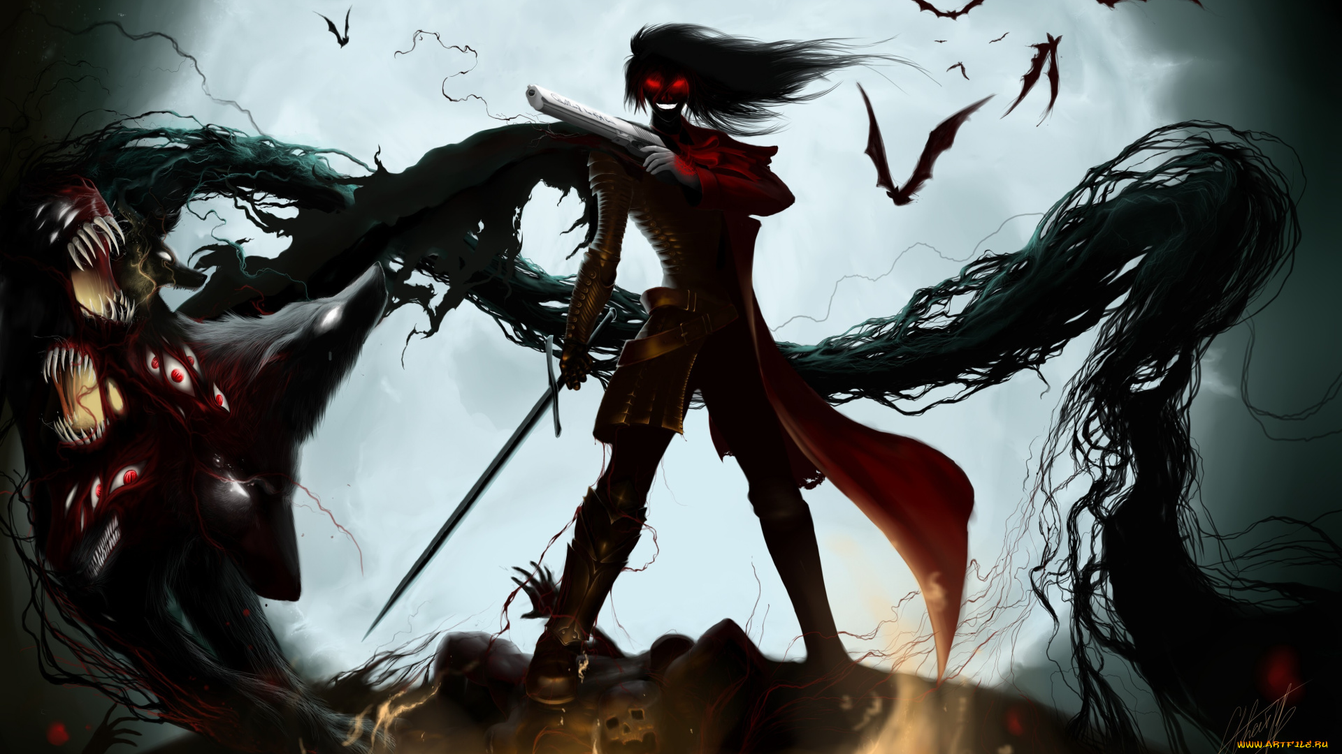 аниме, hellsing, горящие, глаза, оружие, вампир, летучие, мыши, демон, alucard