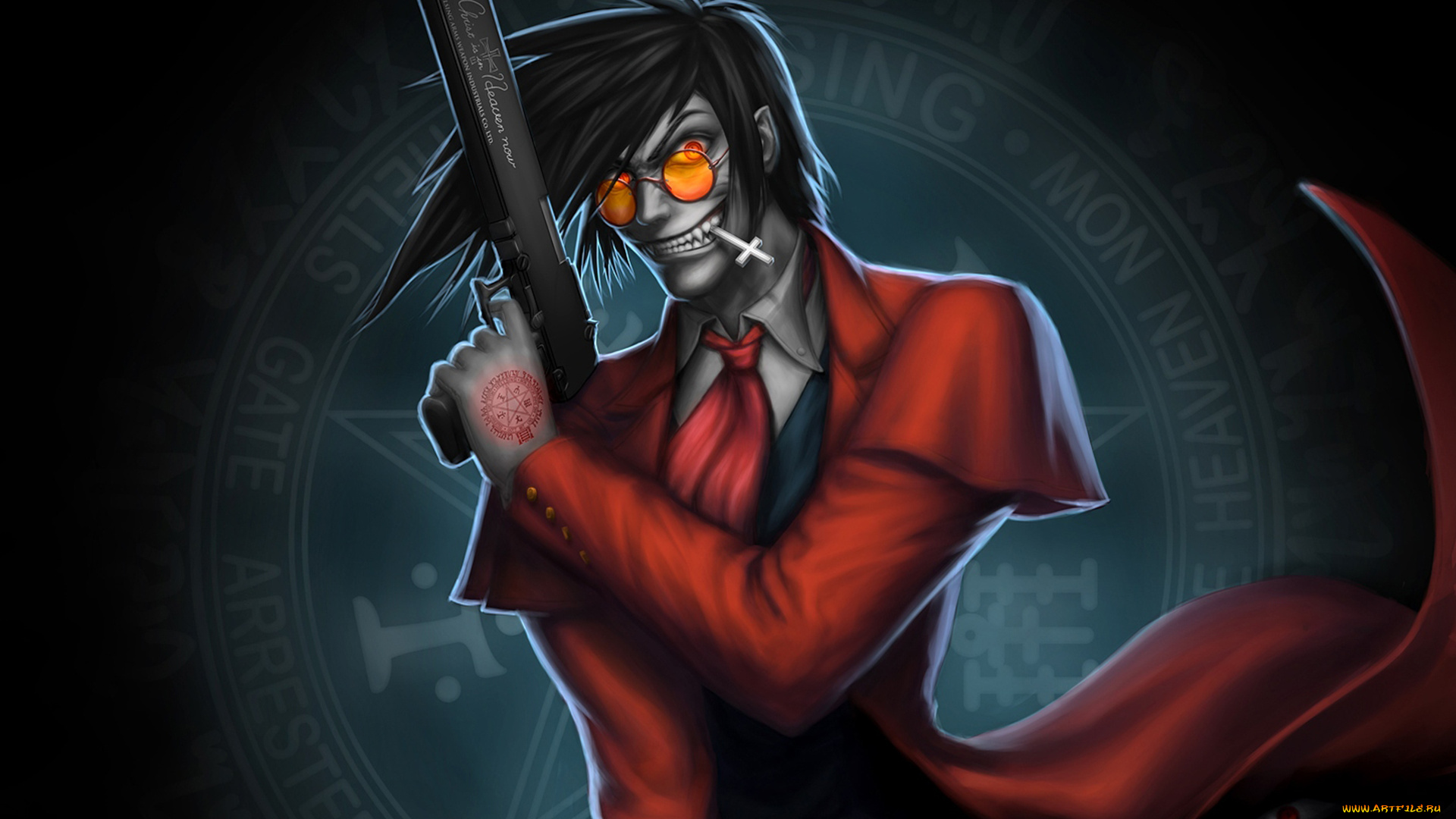 аниме, hellsing, вампир, alucard, vampire, anime, пистолет, крест, улыбка