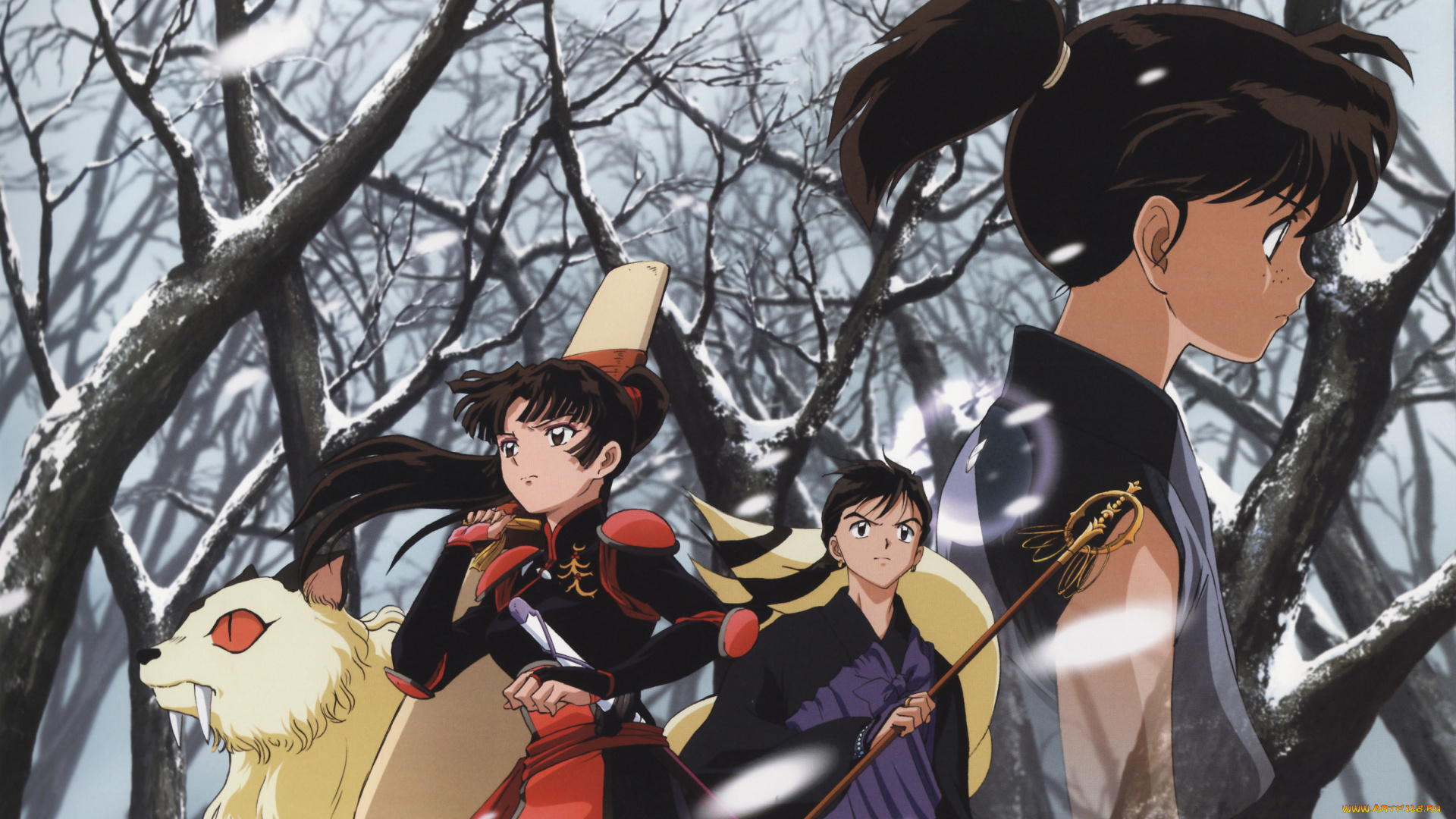 аниме, inuyasha, зима, снег, кохаку, мироку, кирара, санго, инуяша, скан