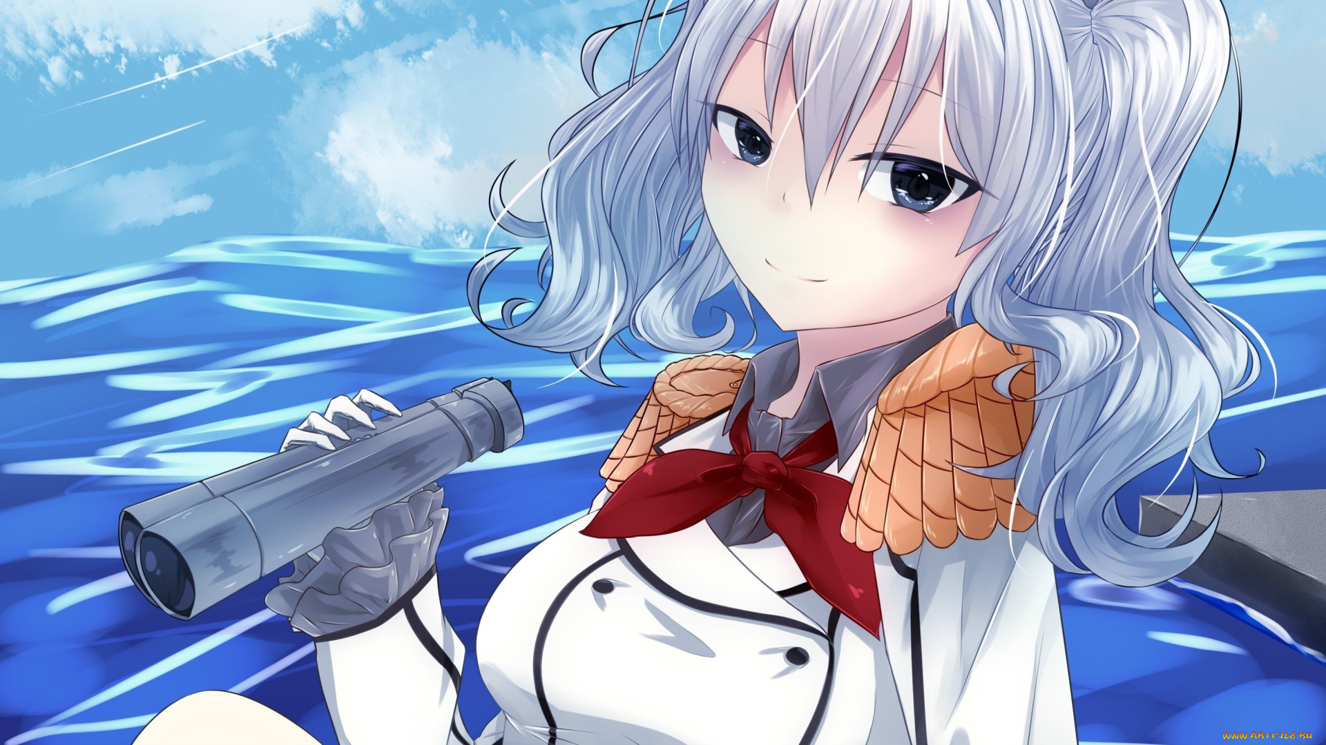 аниме, kantai, collection, девушка, взгляд, фон, бинокль