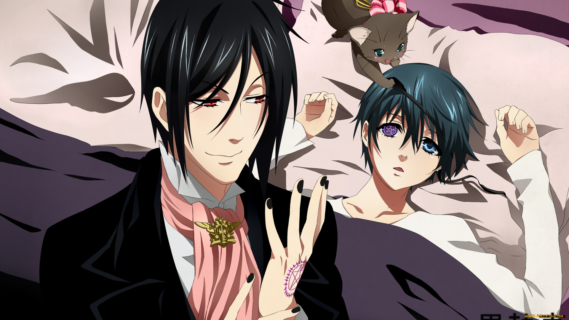аниме, kuroshitsuji, пентограмма, котёнок, тёмный, дворецкий, сиель, себастьян