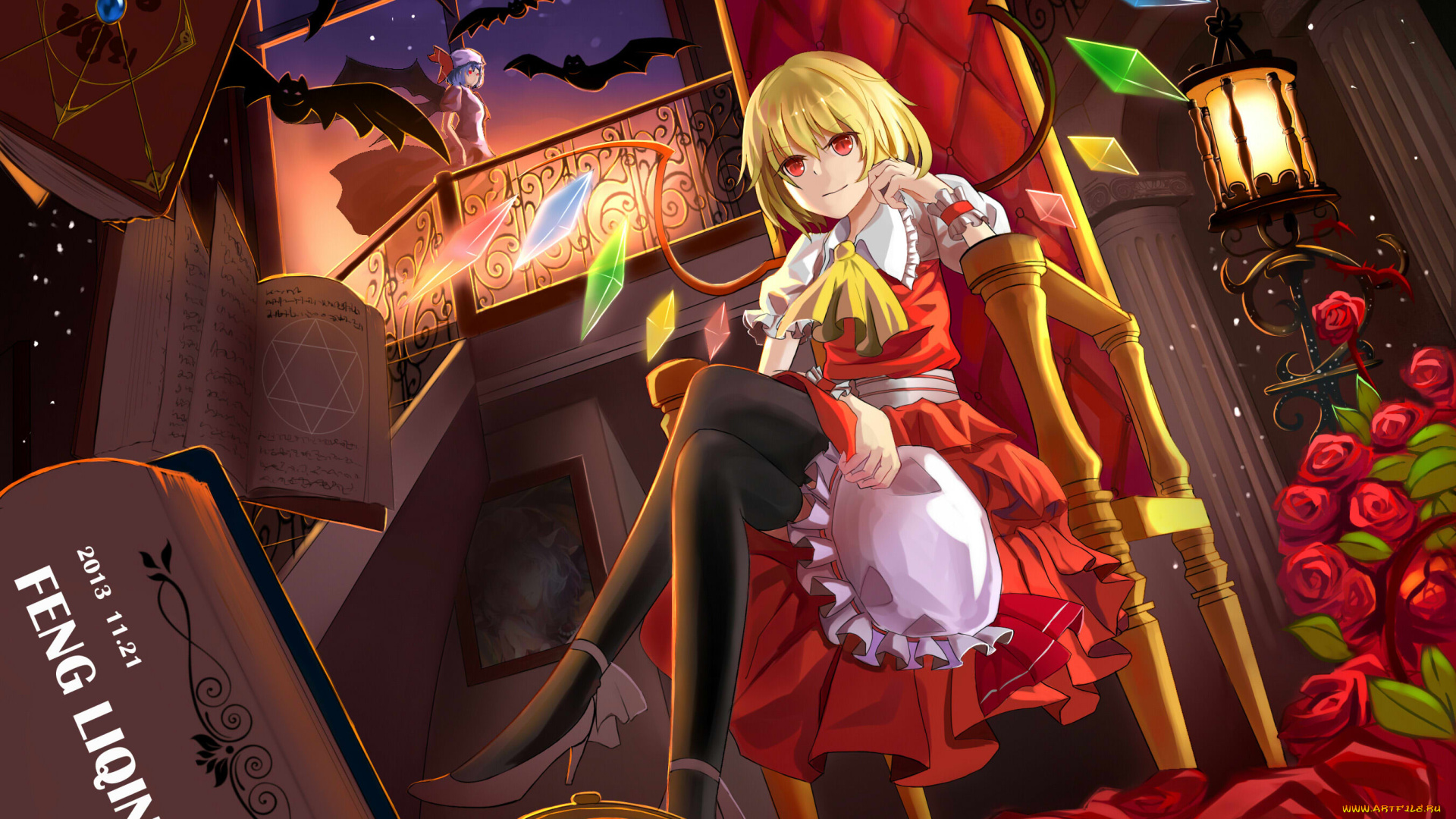 аниме, touhou, цветы, книги, фон, девушка, взгляд