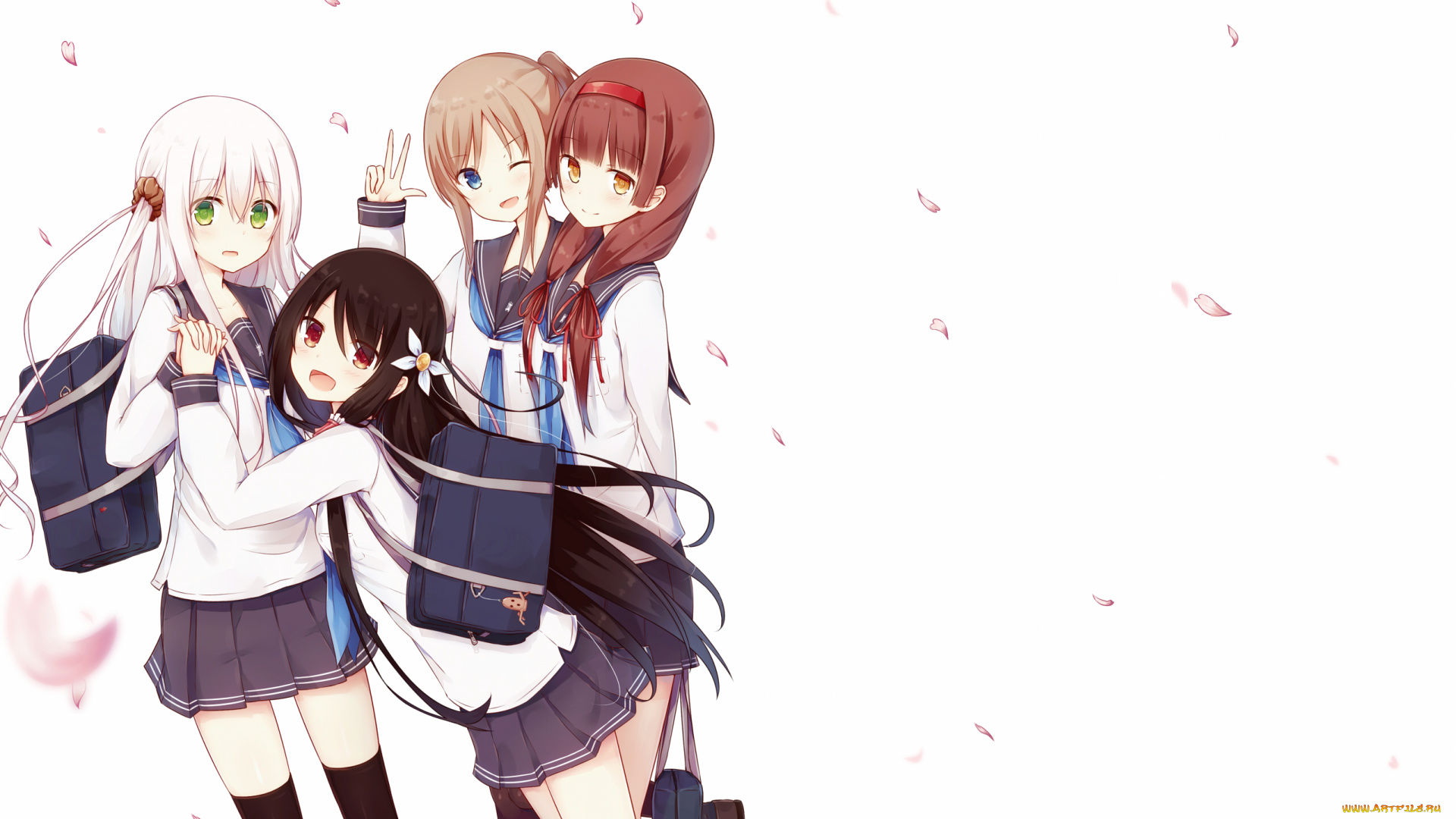 аниме, unknown, , другое, арт, tsuchikure, 3105mitoko, лепестки, фон, девушки