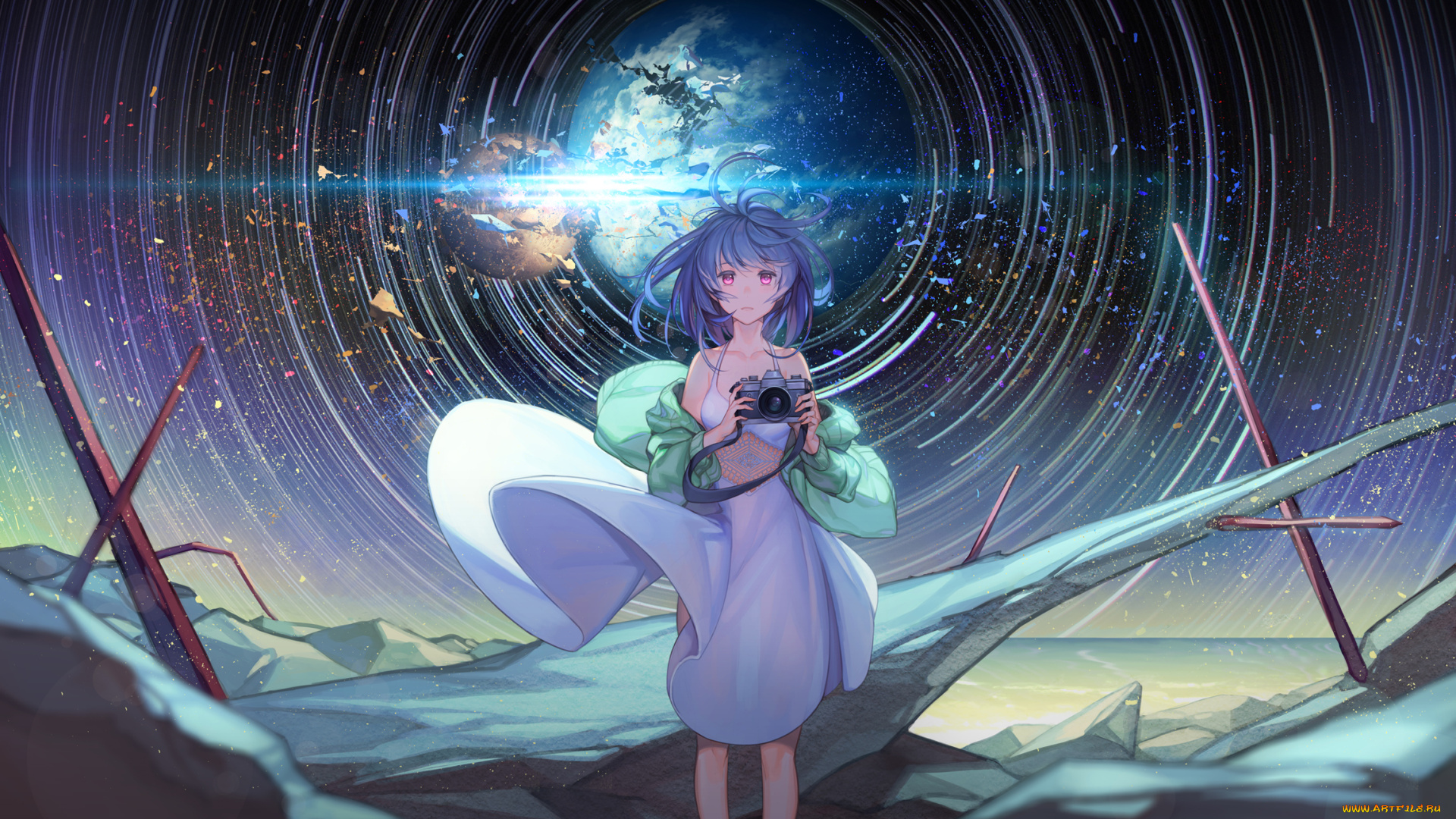 аниме, unknown, , другое, космос, фотоаппарат, девушка, арт, mt, ringofive, разрушение