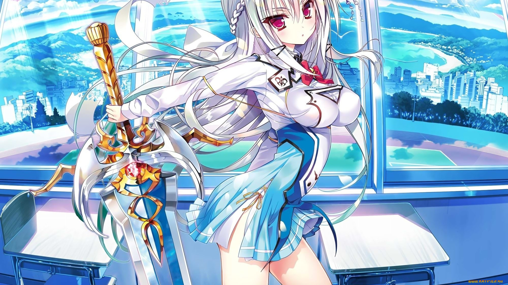 аниме, unknown, , другое, оружие, фон, взгляд, девушка