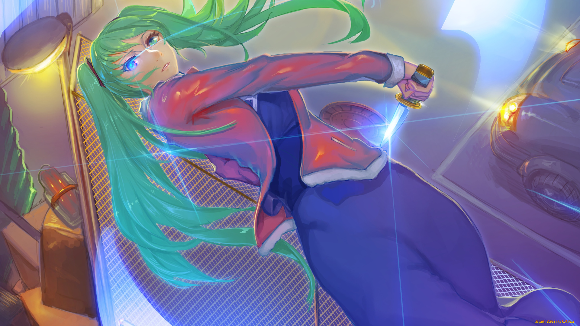 аниме, vocaloid, девушка, арт, нож, hatsune, miku