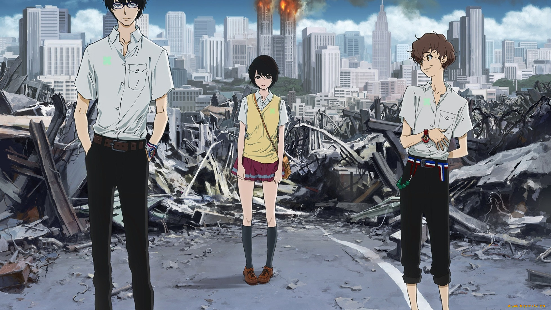 аниме, zankyou, no, terror, zankyou, no, terror, огонь, облака, mishima, risa, город, небо, дома, парни, девушка, дым, kokonoe, arata, hisami, touji, арт