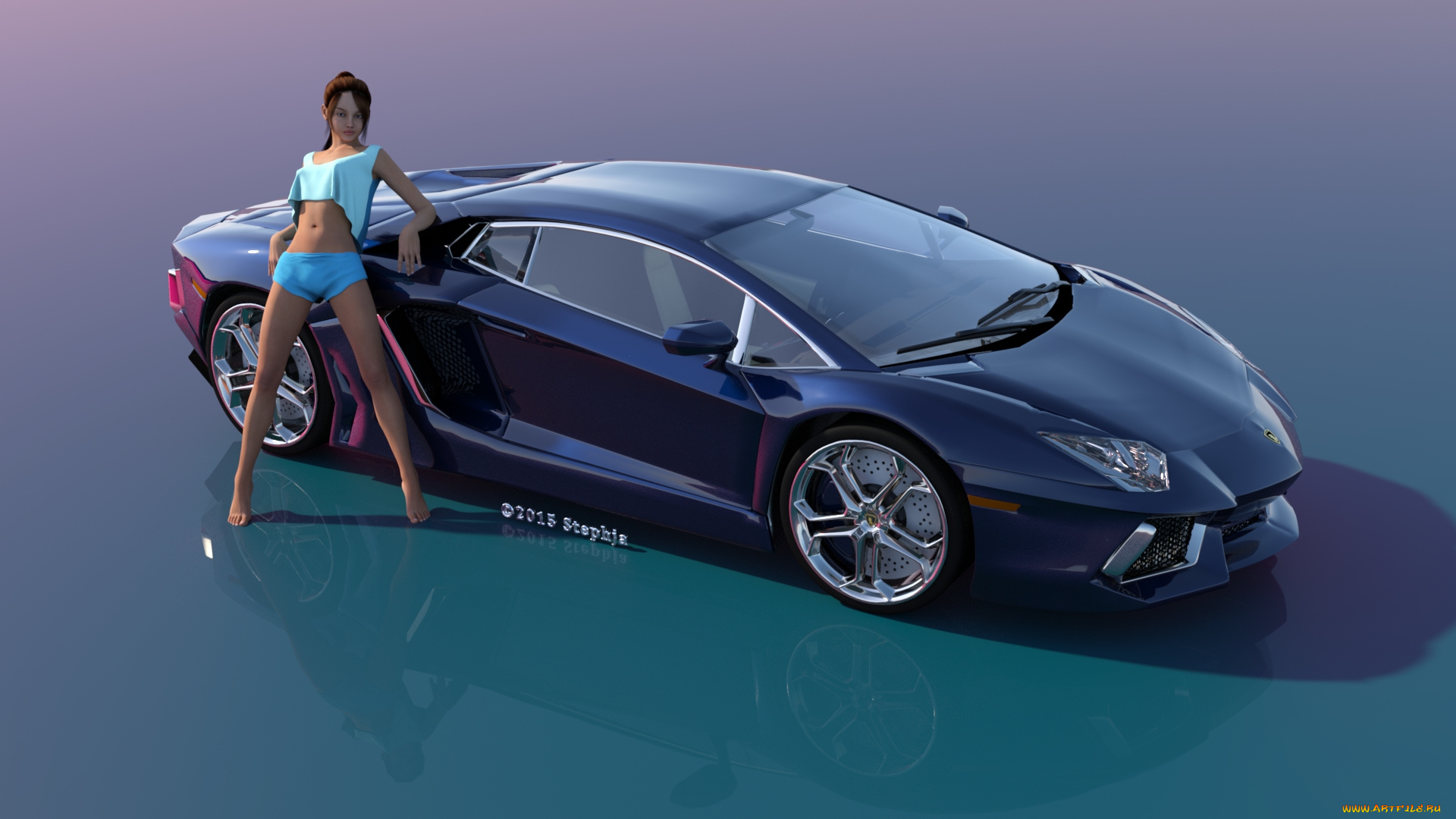 автомобили, 3d, car&girl, фон, взгляд, девушка, автомобиль