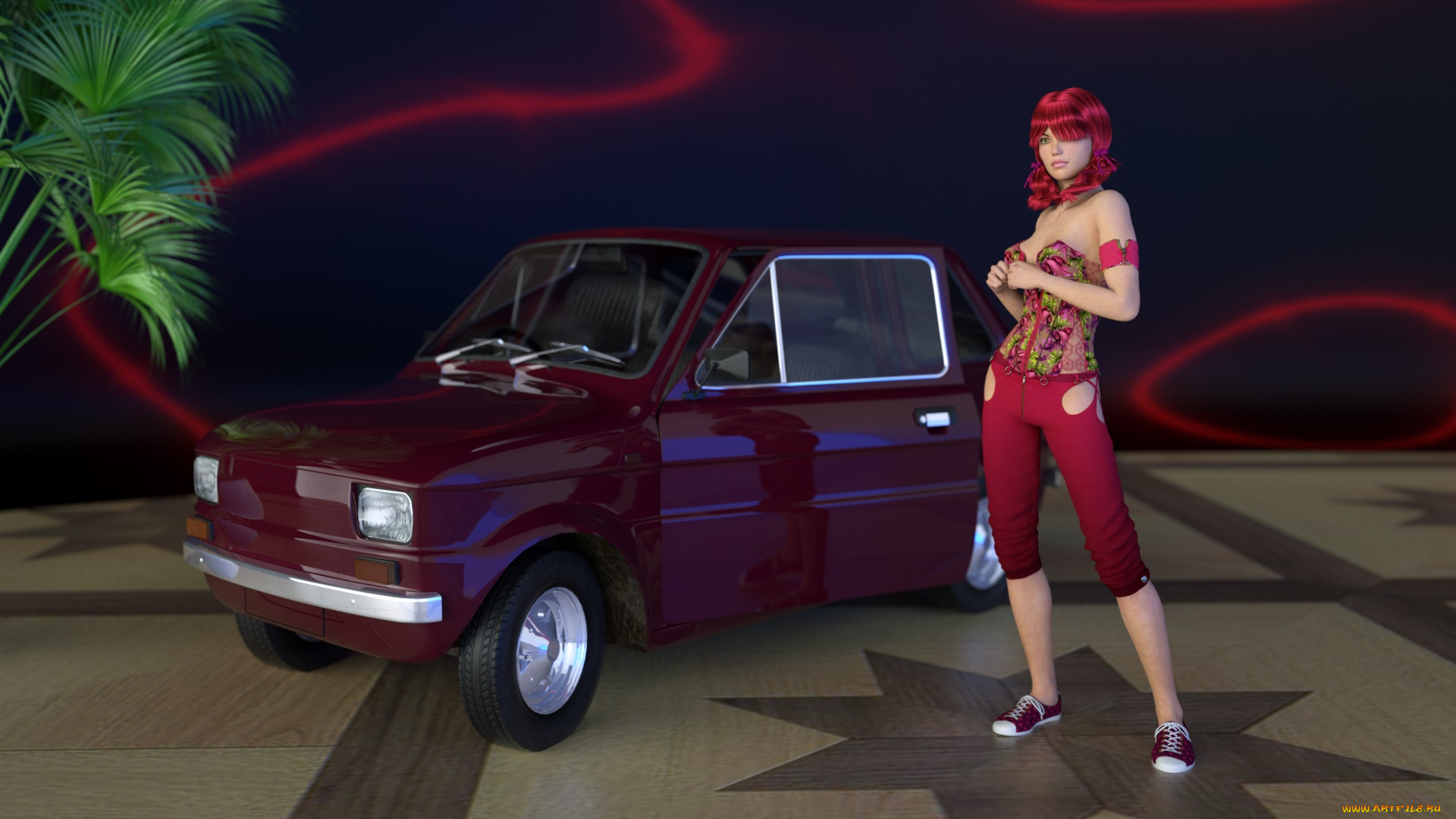 автомобили, 3d, car&girl, рыжая, фон, взгляд, девушка, автомобиль