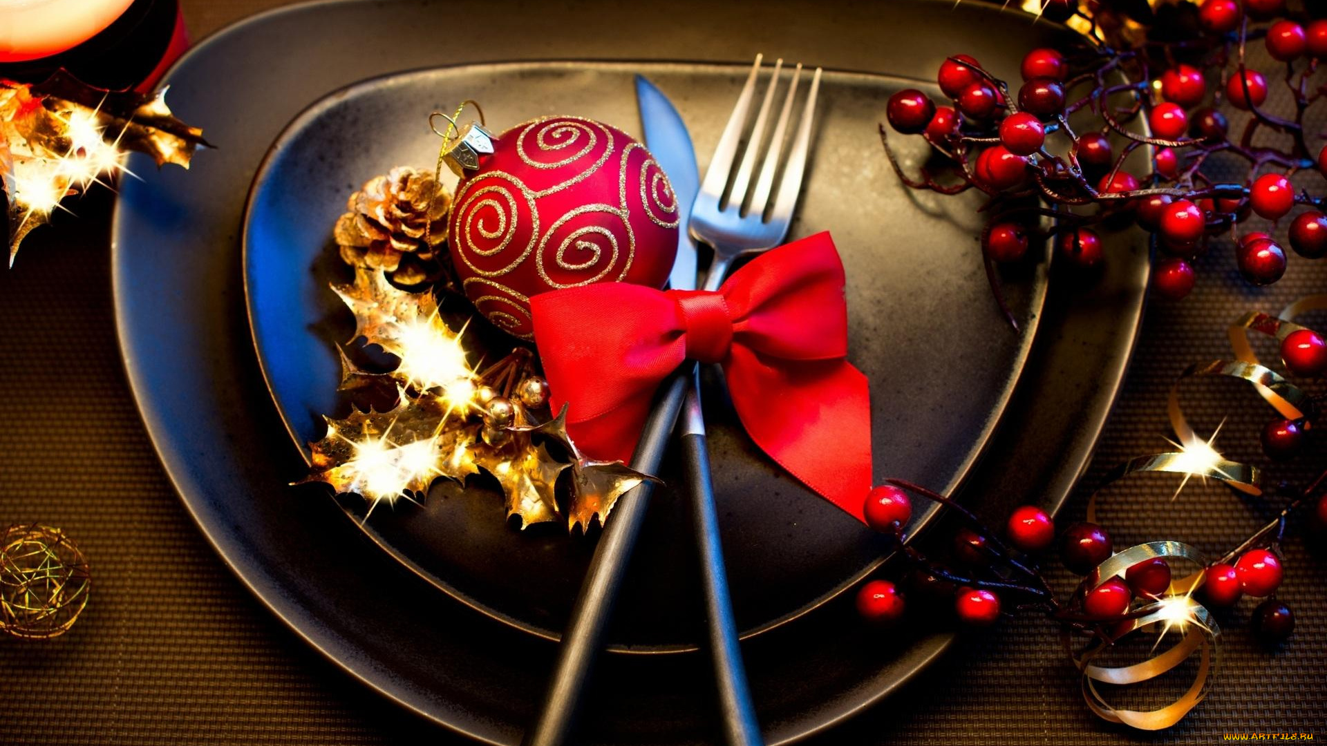 праздничные, сервировка, тарелка, ягоды, приборы, шар