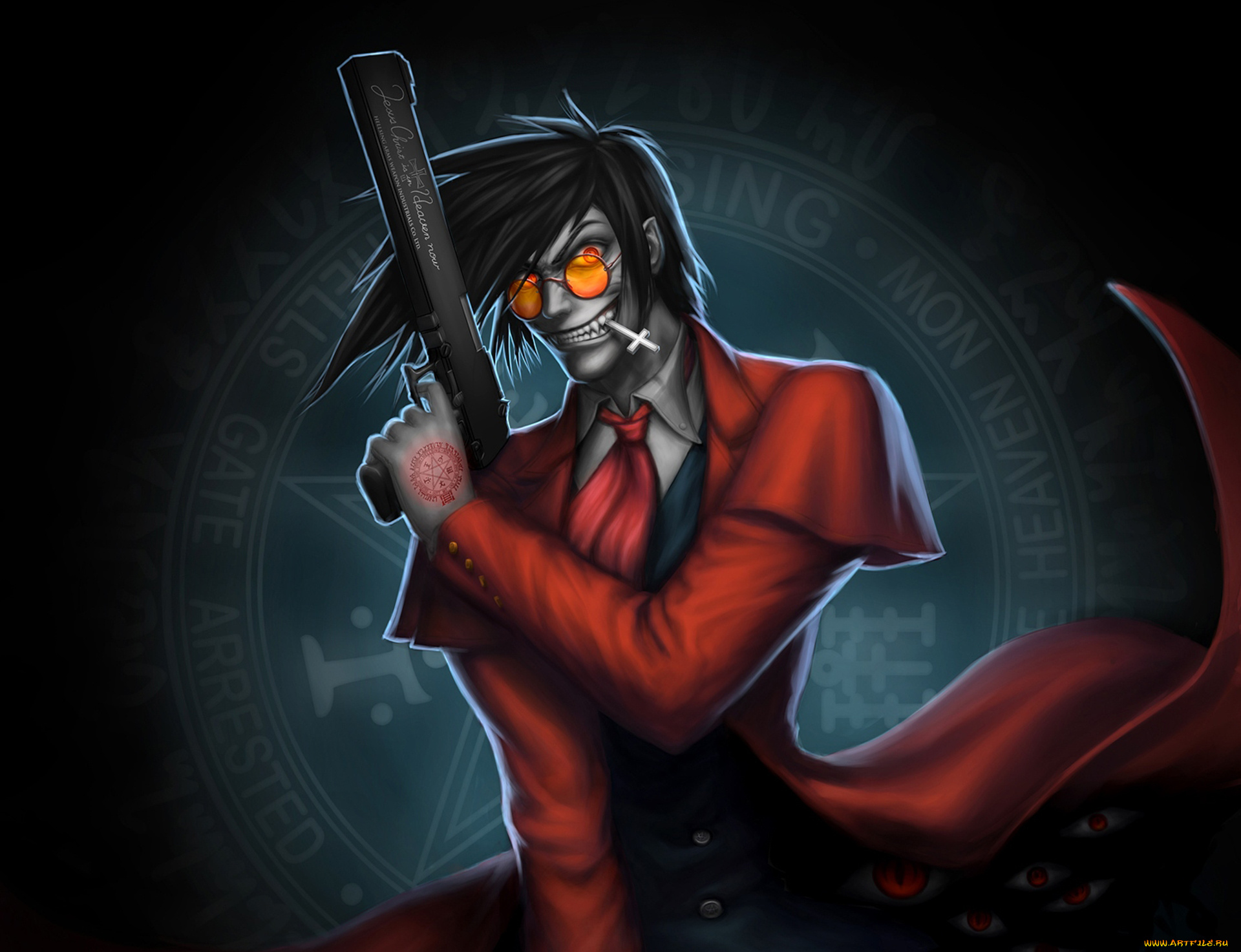аниме, hellsing, вампир, alucard, vampire, anime, пистолет, крест, улыбка