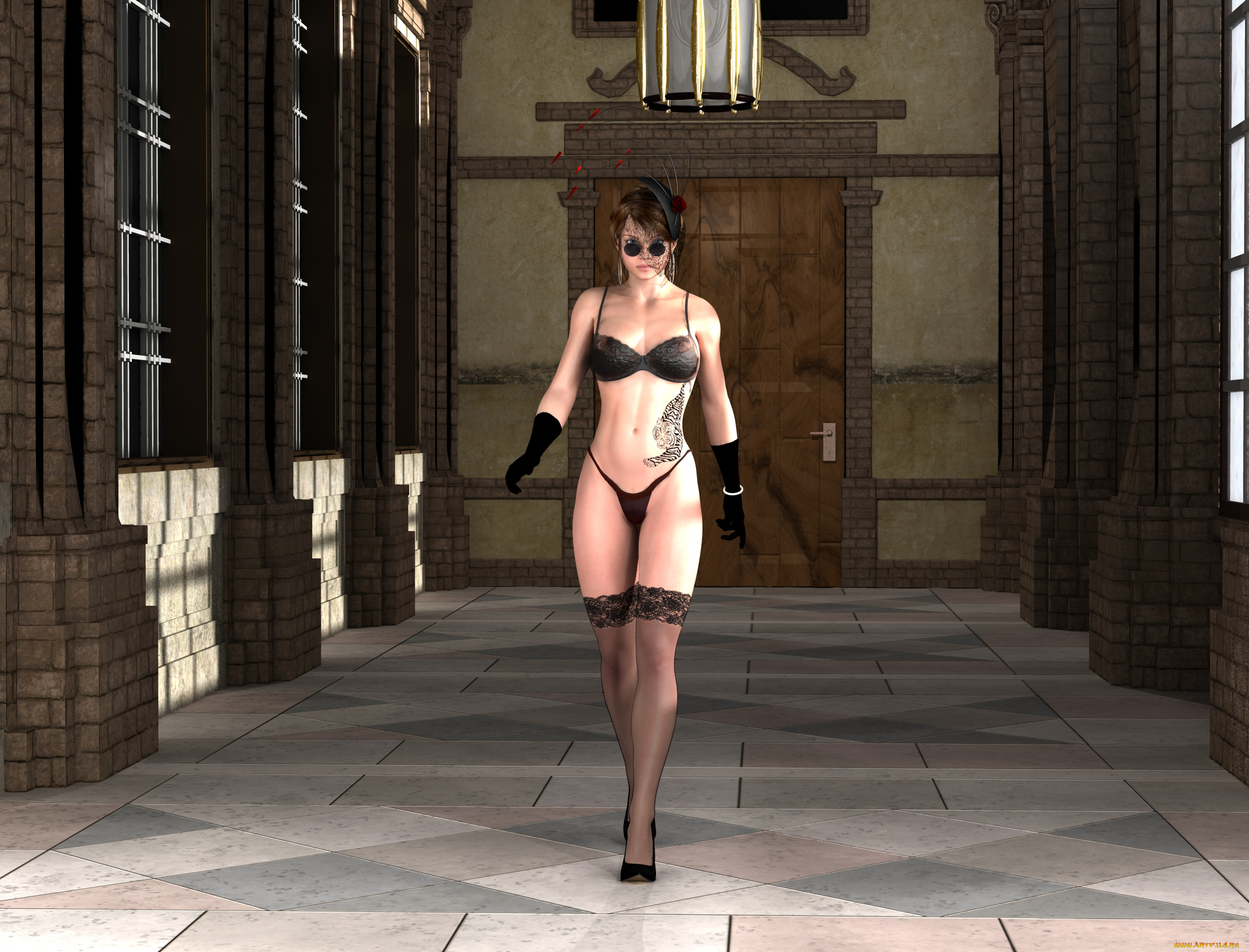 3д, графика, люди, , people, взгляд, девушка, тату, чулки, фон