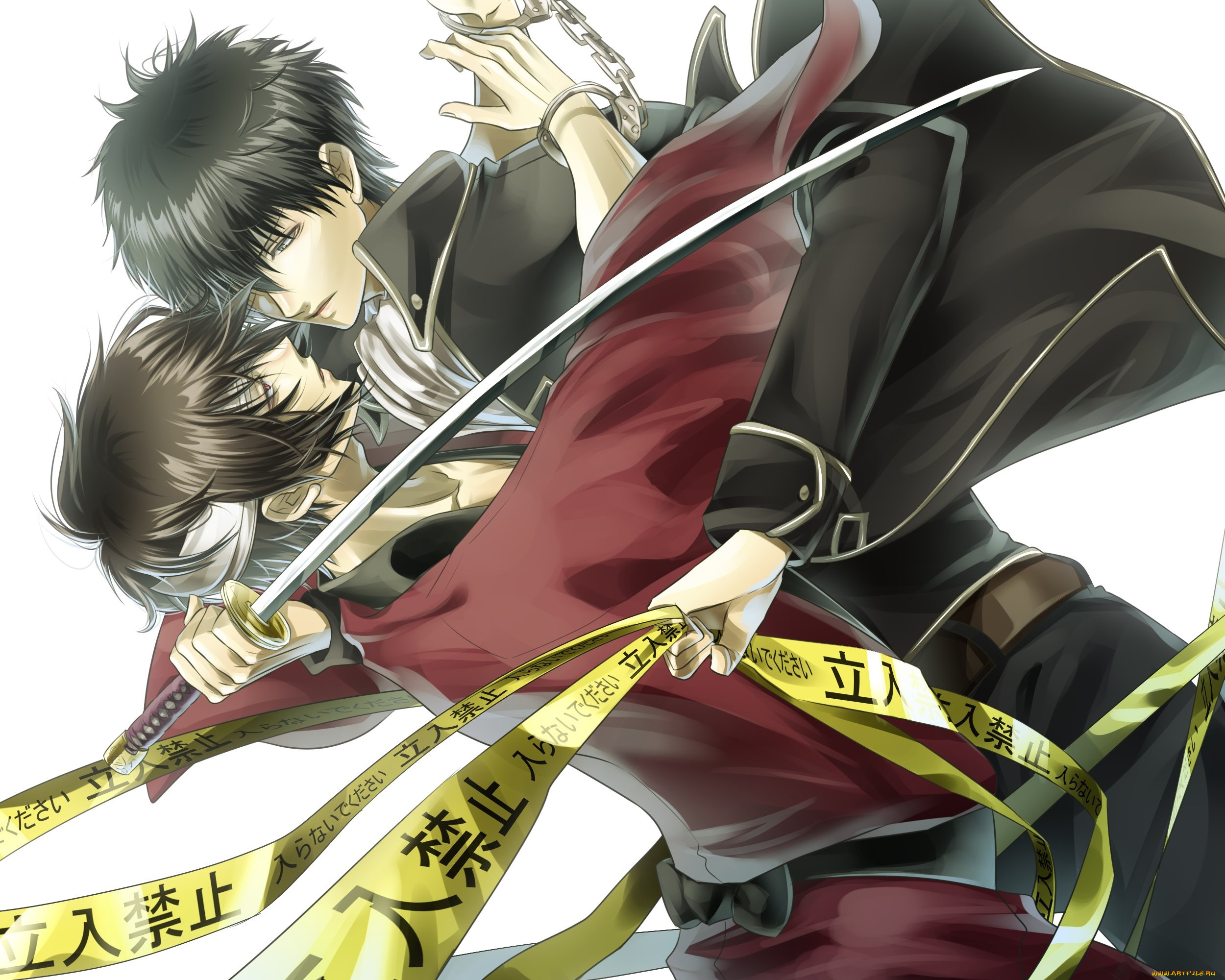 аниме, gintama, парни, арт, гинтама, меч, наручники
