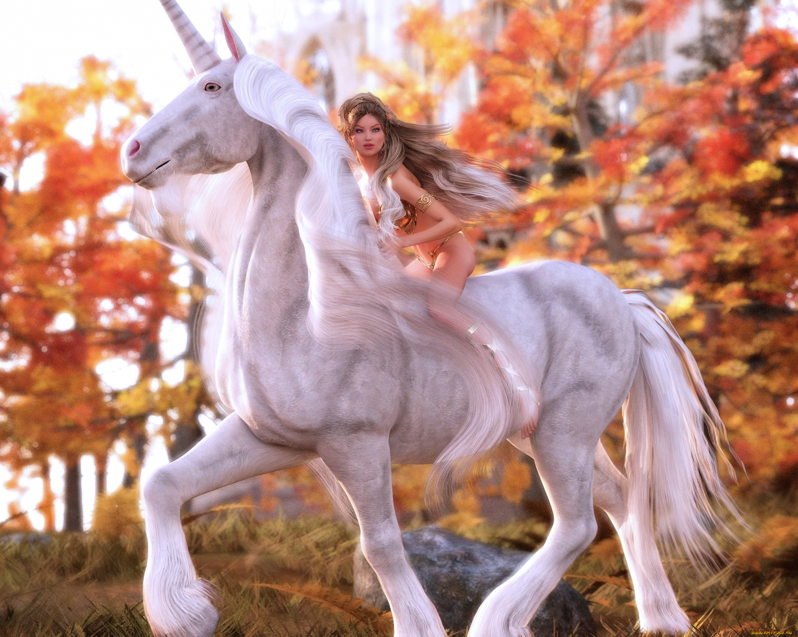 3д, графика, фантазия, , fantasy, девушка, фон, эдинорог, взгляд