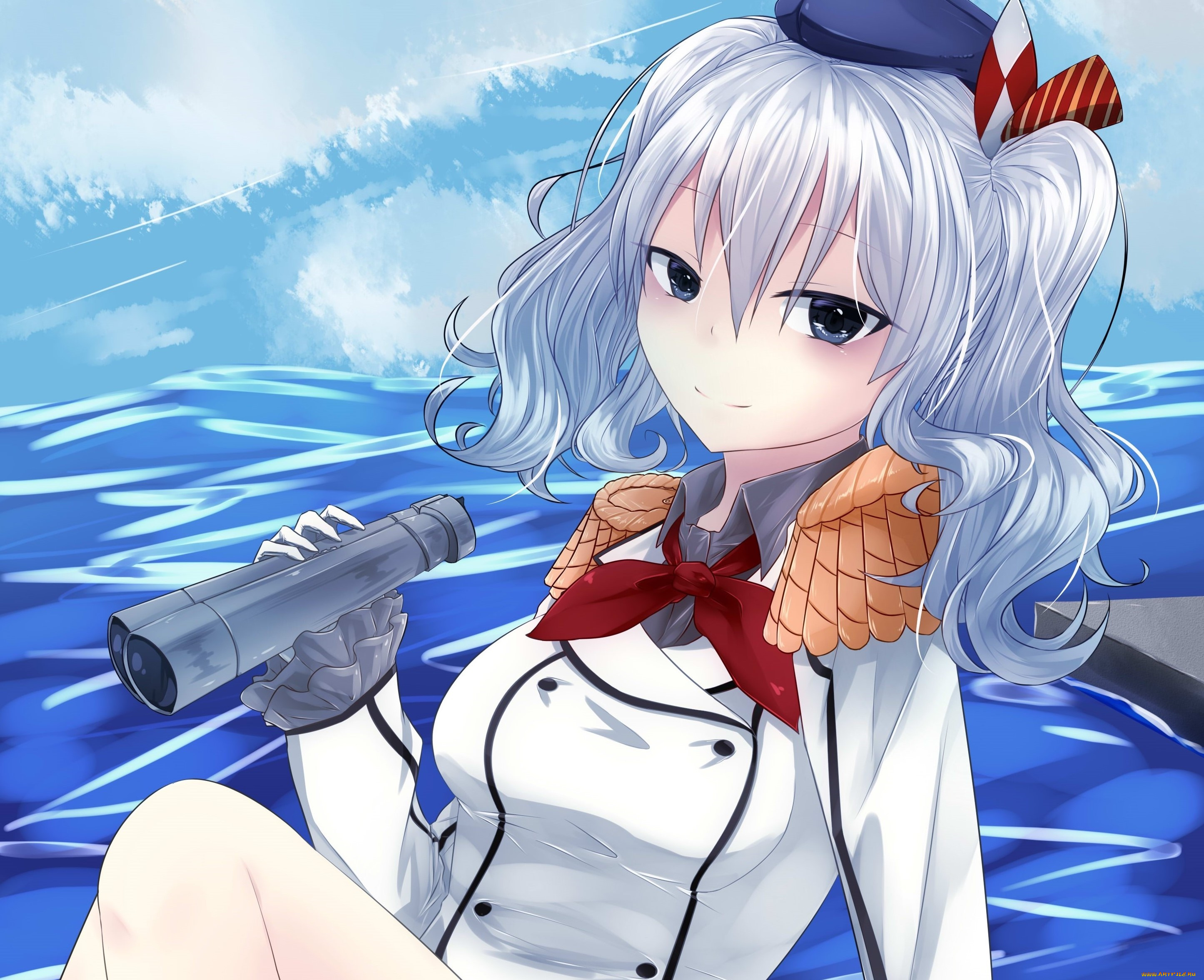 аниме, kantai, collection, девушка, взгляд, фон, бинокль