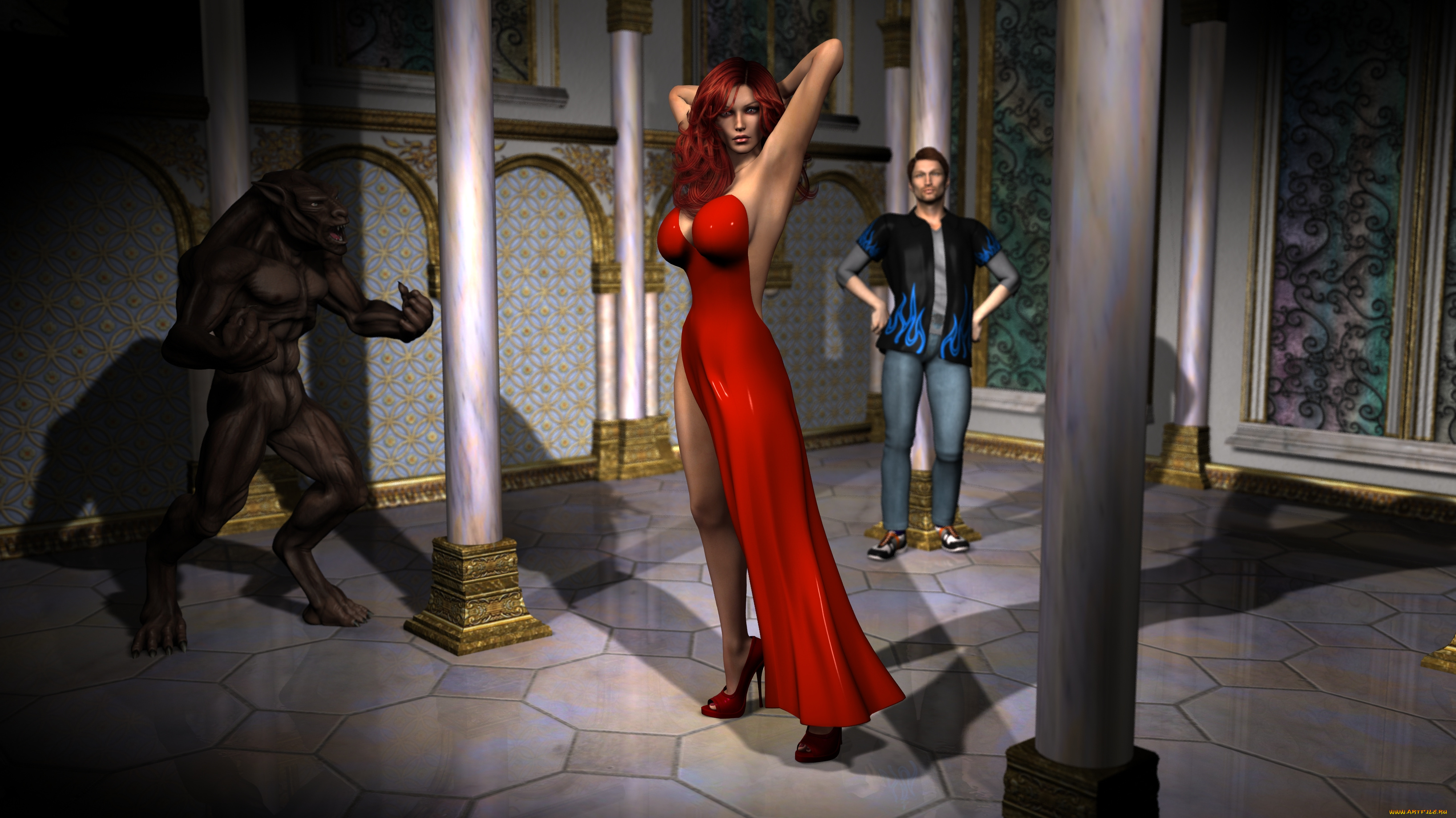 3д, графика, фантазия, , fantasy, парень, фон, взгляд, девушка, существо