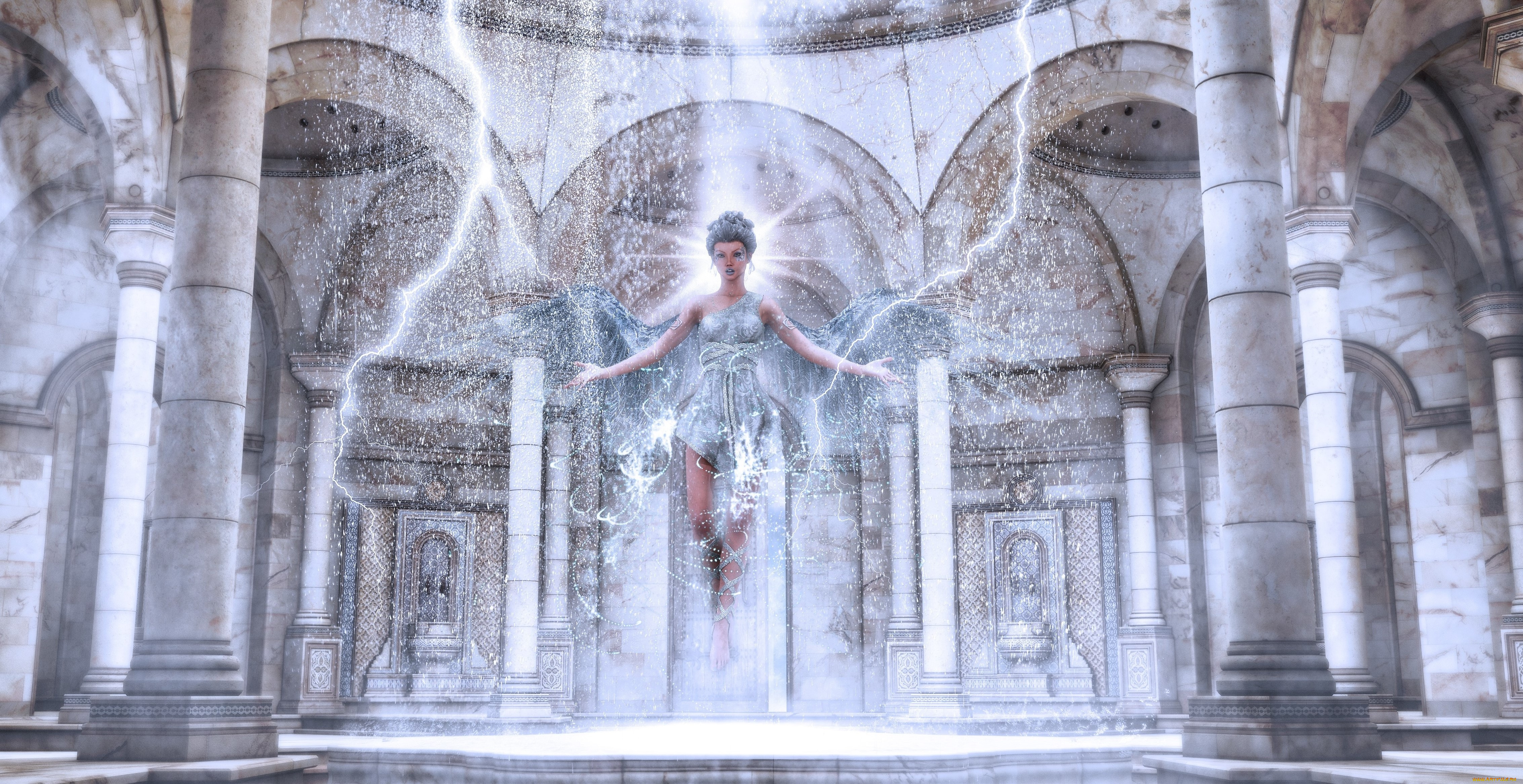 3д, графика, ангел, , angel, фон, взгляд, девушка, молнии, ангел