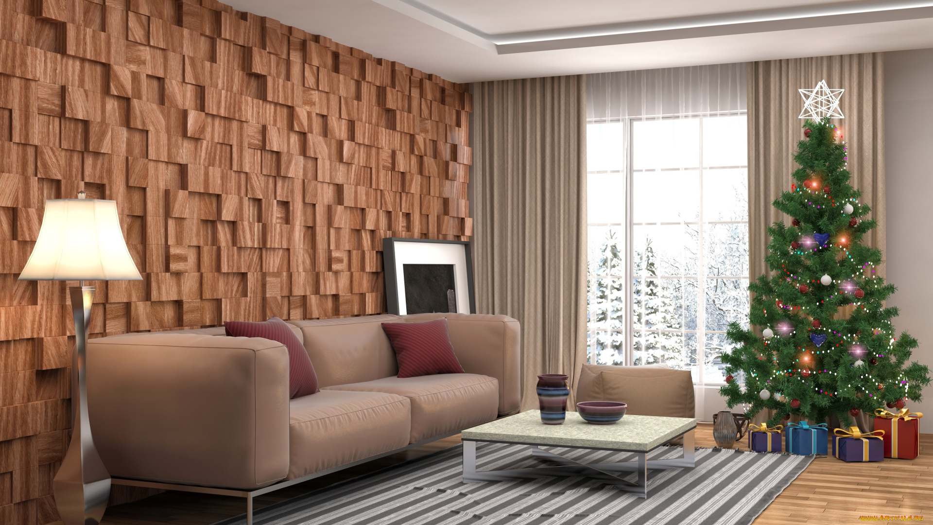 праздничные, 3д, графика, , новый, год, елка, интерьер, подарки