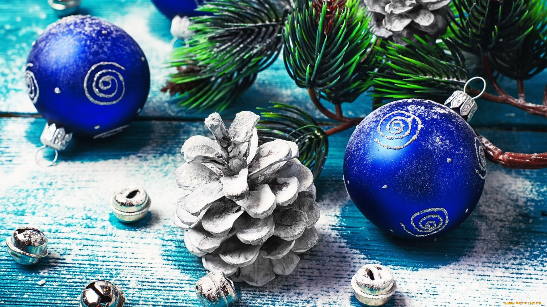 праздничные, шары, шарики, ветка, доски, новый, год, игрушки, бубенцы, сосна, праздник, шишки