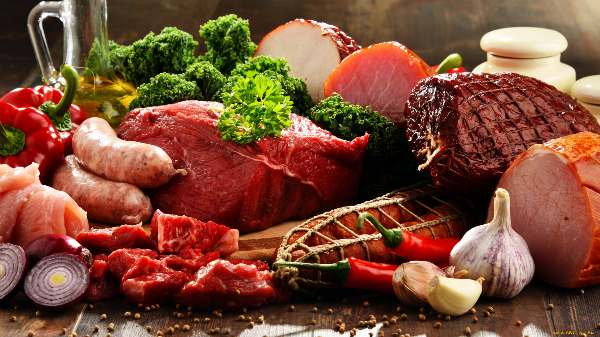 еда, разное, чеснок, лук, перец, ветчина, колбаски, мясо