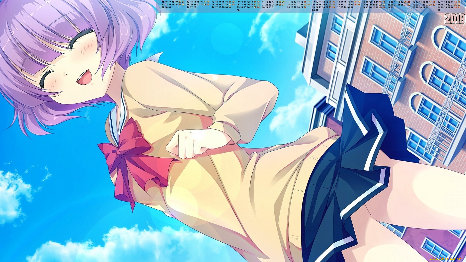 календари, аниме, 2018, девушка, улыбка, здание