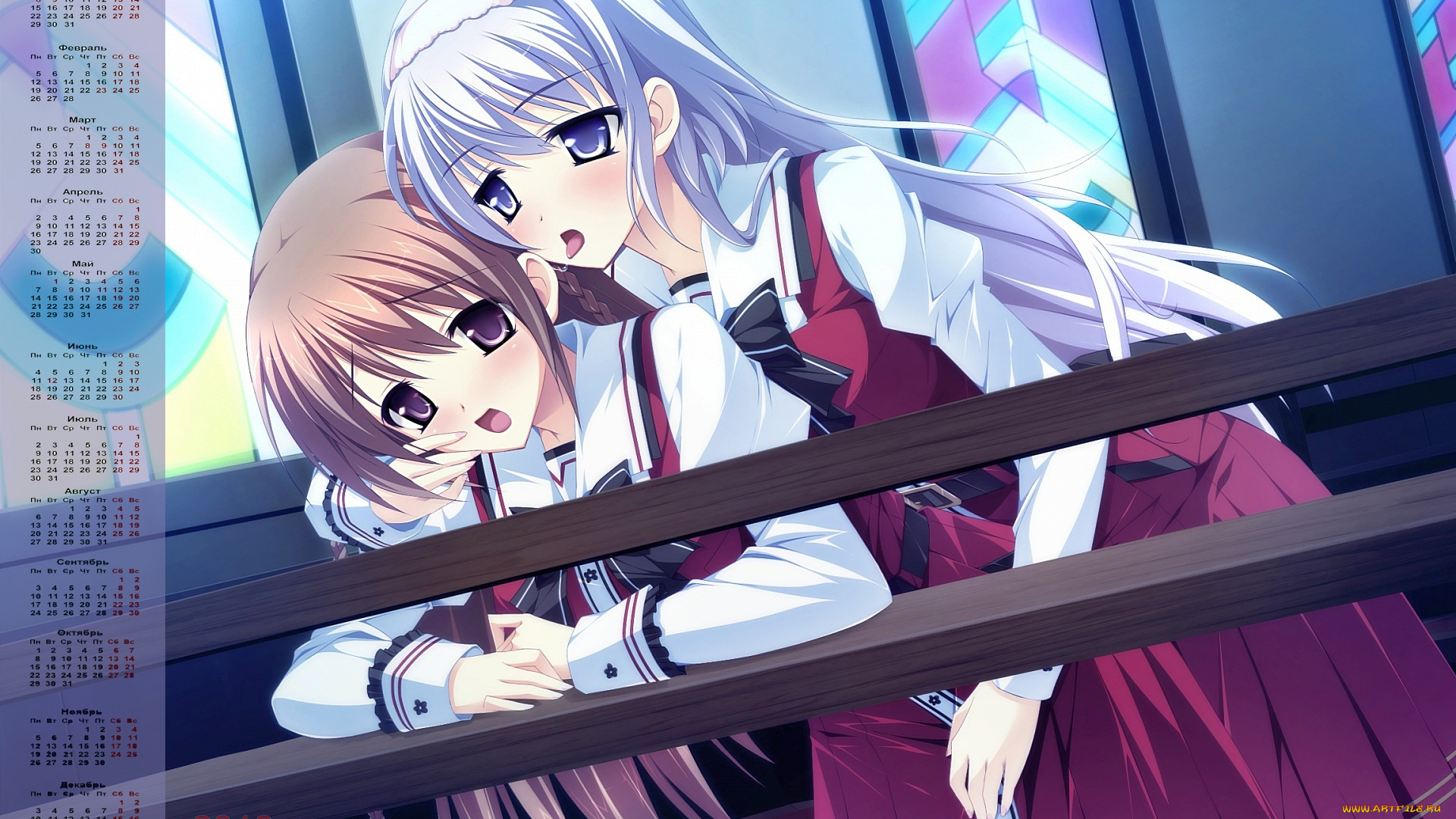 календари, аниме, 2018, девушка, взгляд, двое, униформа