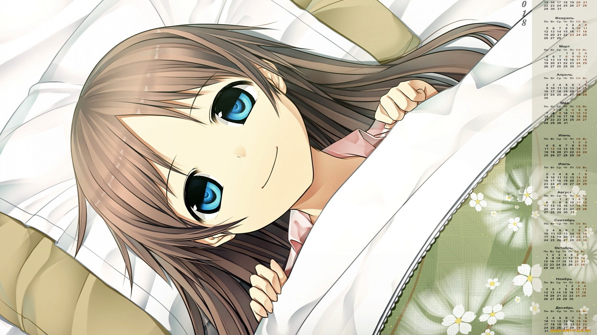 календари, аниме, 2018, взгляд, девочка, лицо, постель