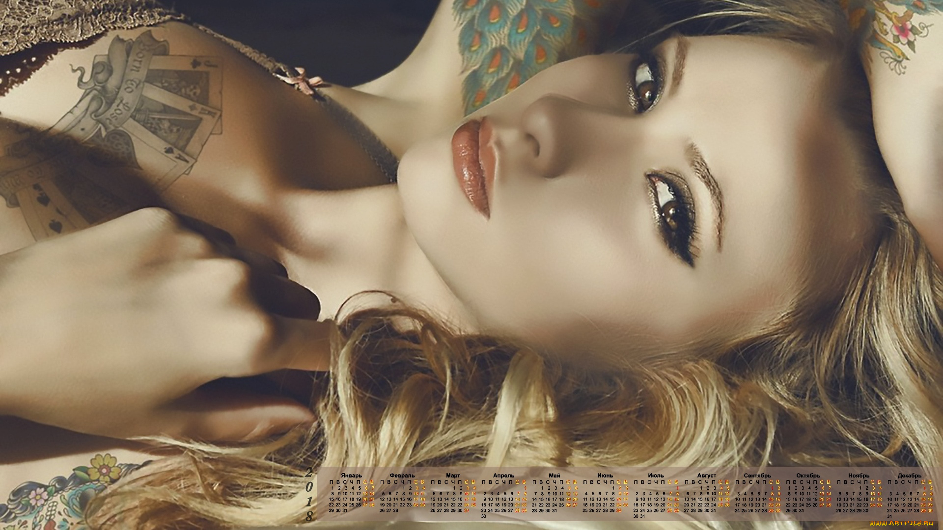 календари, девушки, 2018, взгляд, лицо, тату