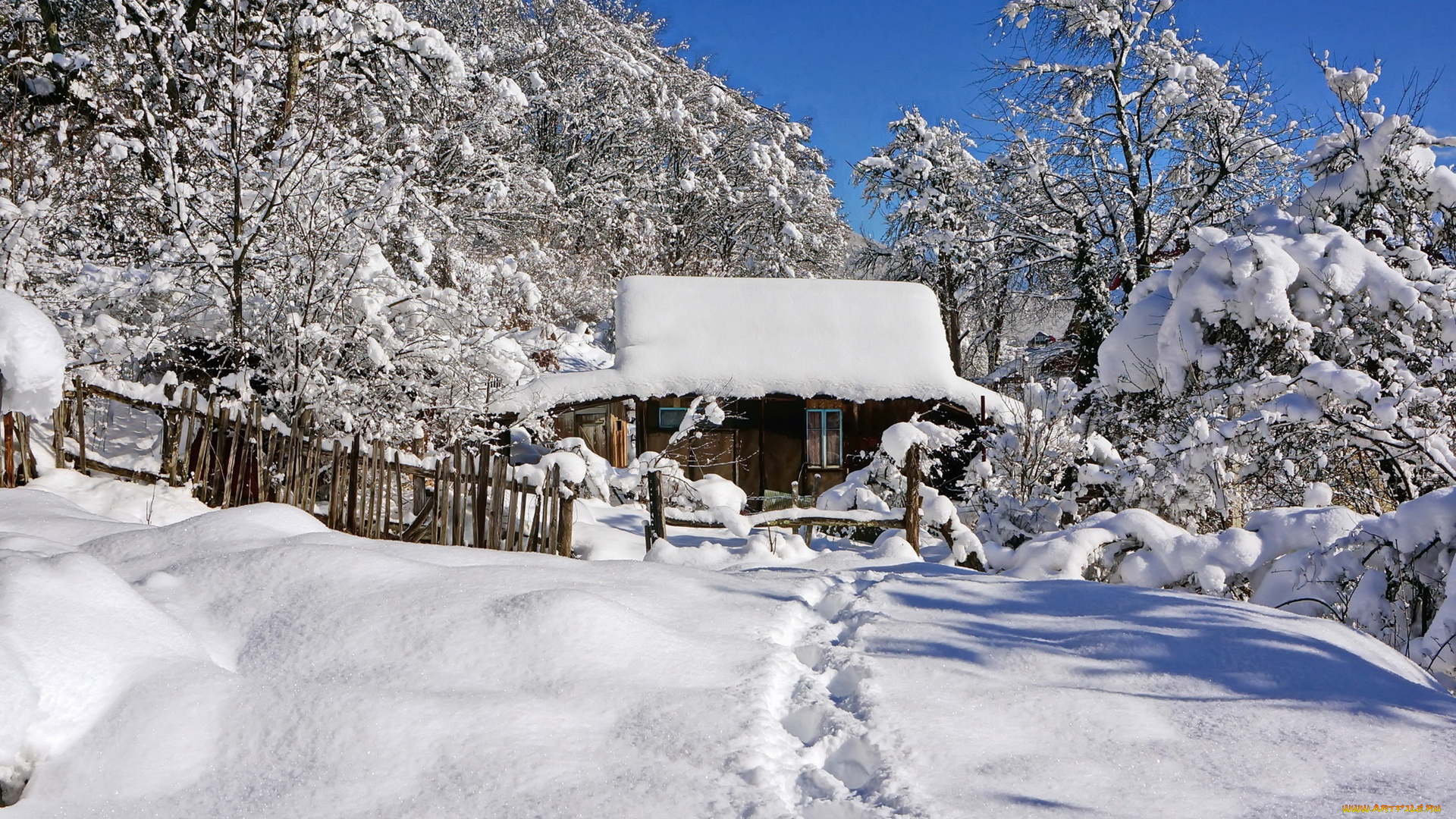 природа, зима, тропинка, домик, снег