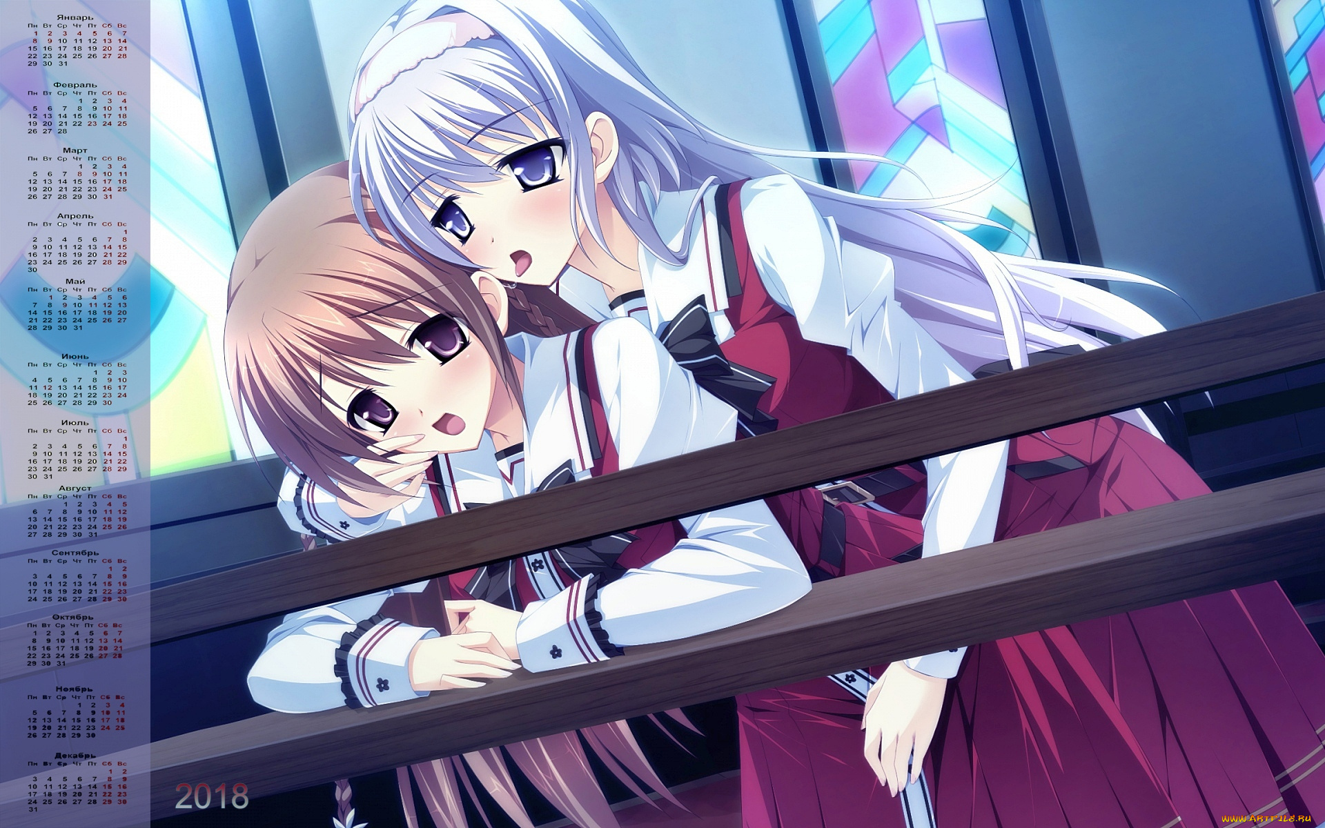 календари, аниме, 2018, девушка, взгляд, двое, униформа