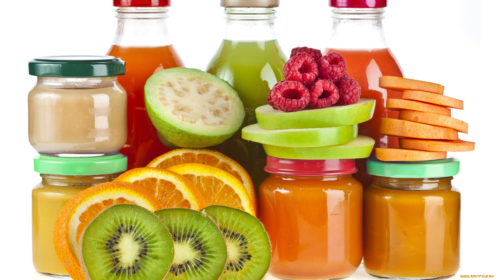 еда, разное, малина, яблоко, апельсин, киви, фрукты, пюре, соки