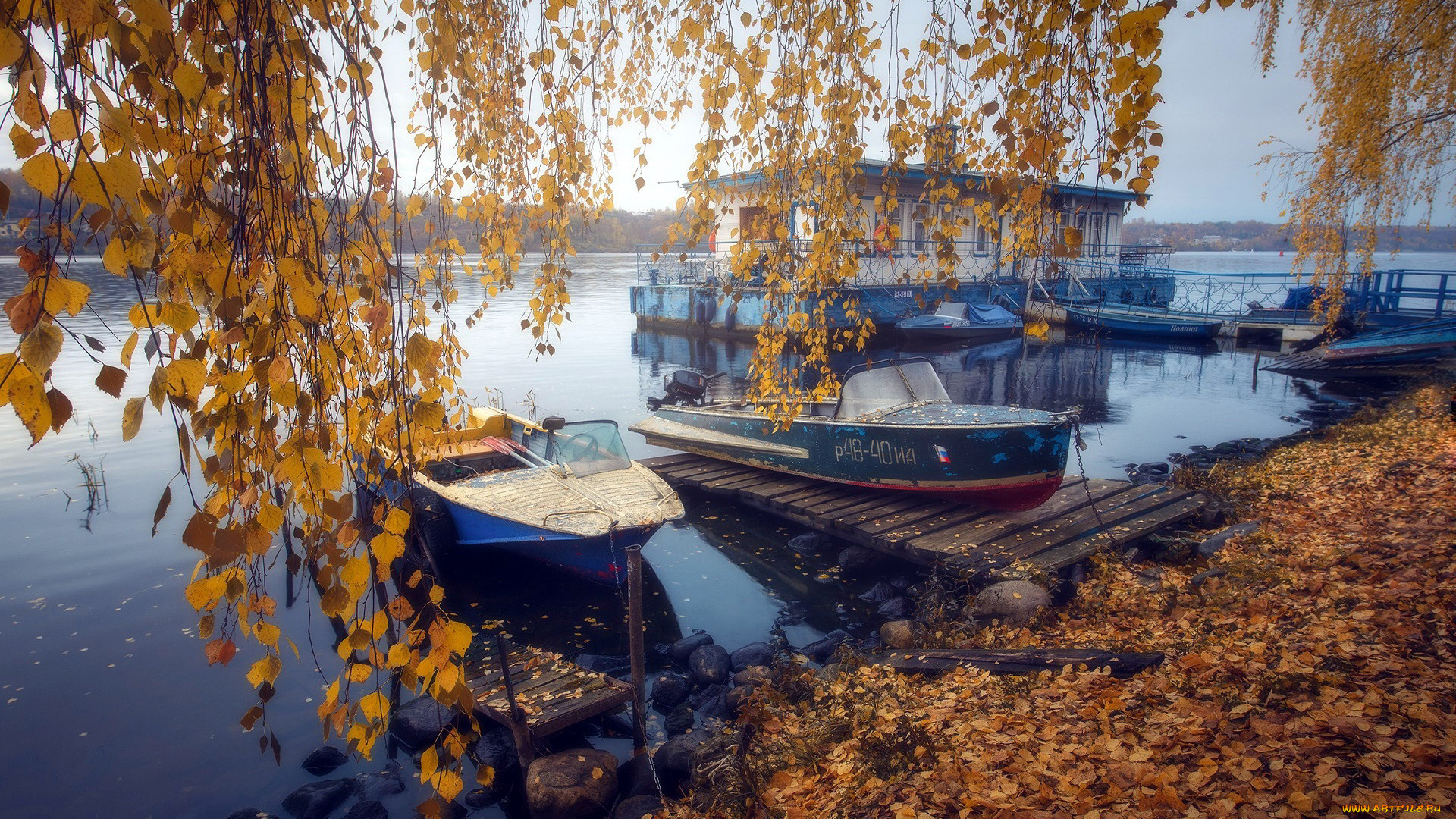 корабли, моторные, лодки, пристань, моторные, лодки, осень, листопад