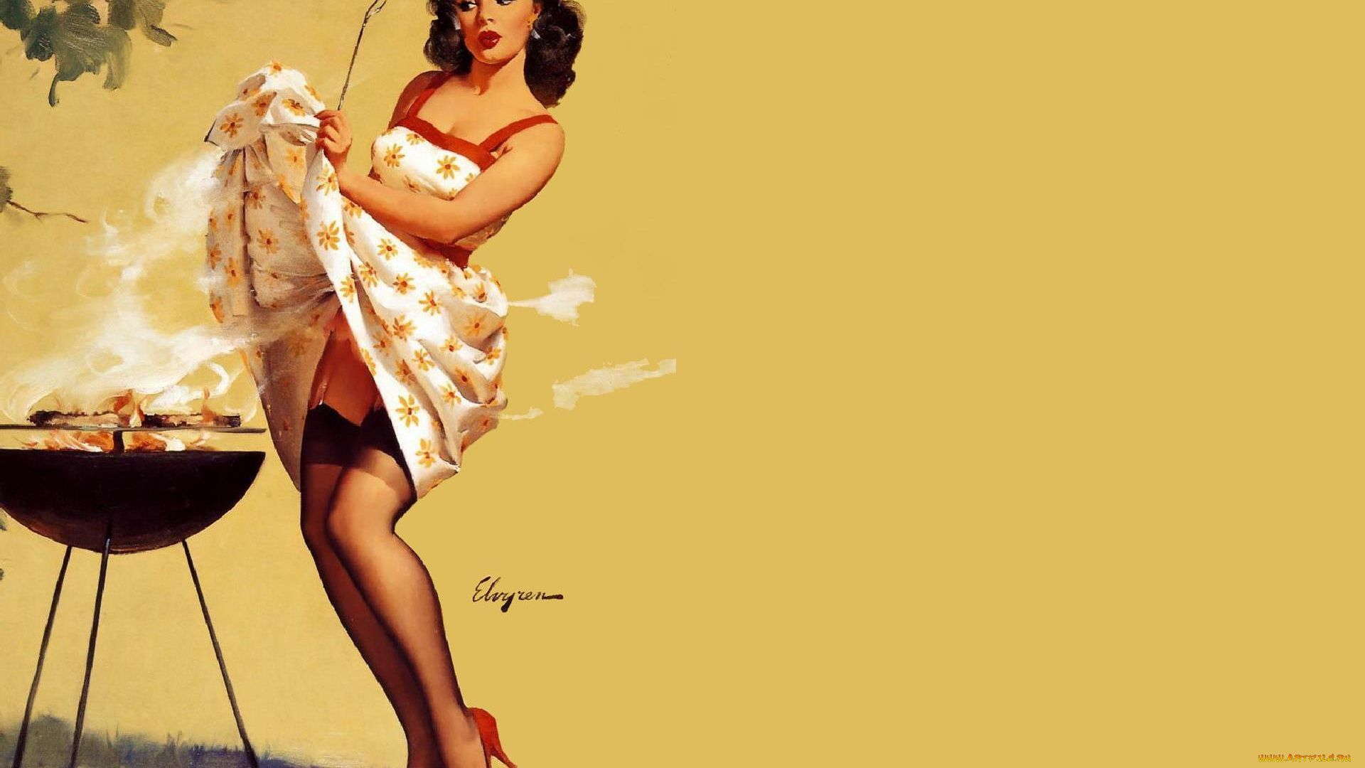 рисованное, gil, elvgren, девушка, сарафан, барбекю