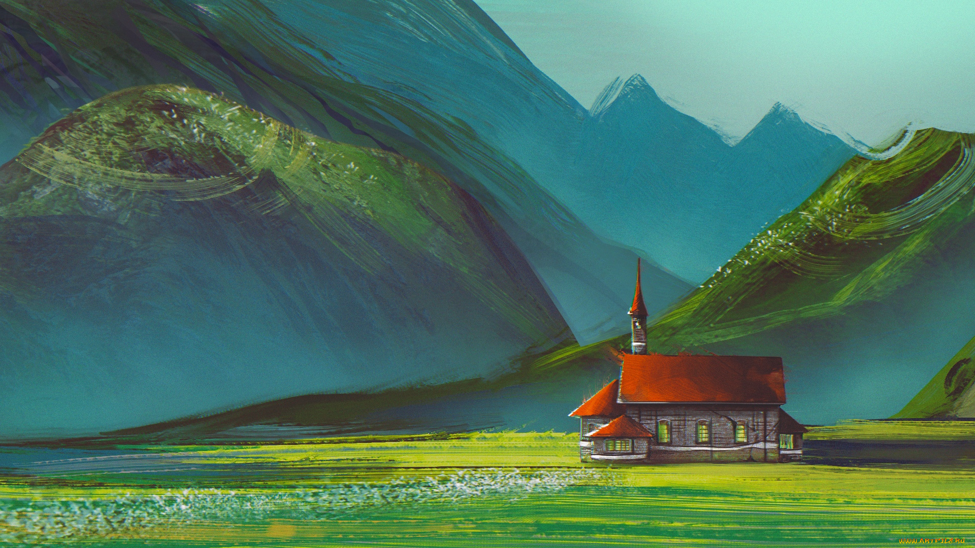 рисованное, природа, горы, здание