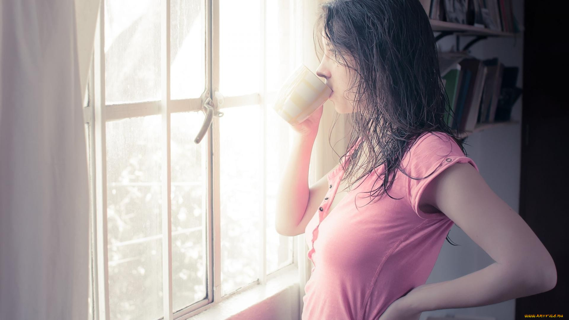 девушки, -, брюнетки, , шатенки, шатенка, чашка, окно