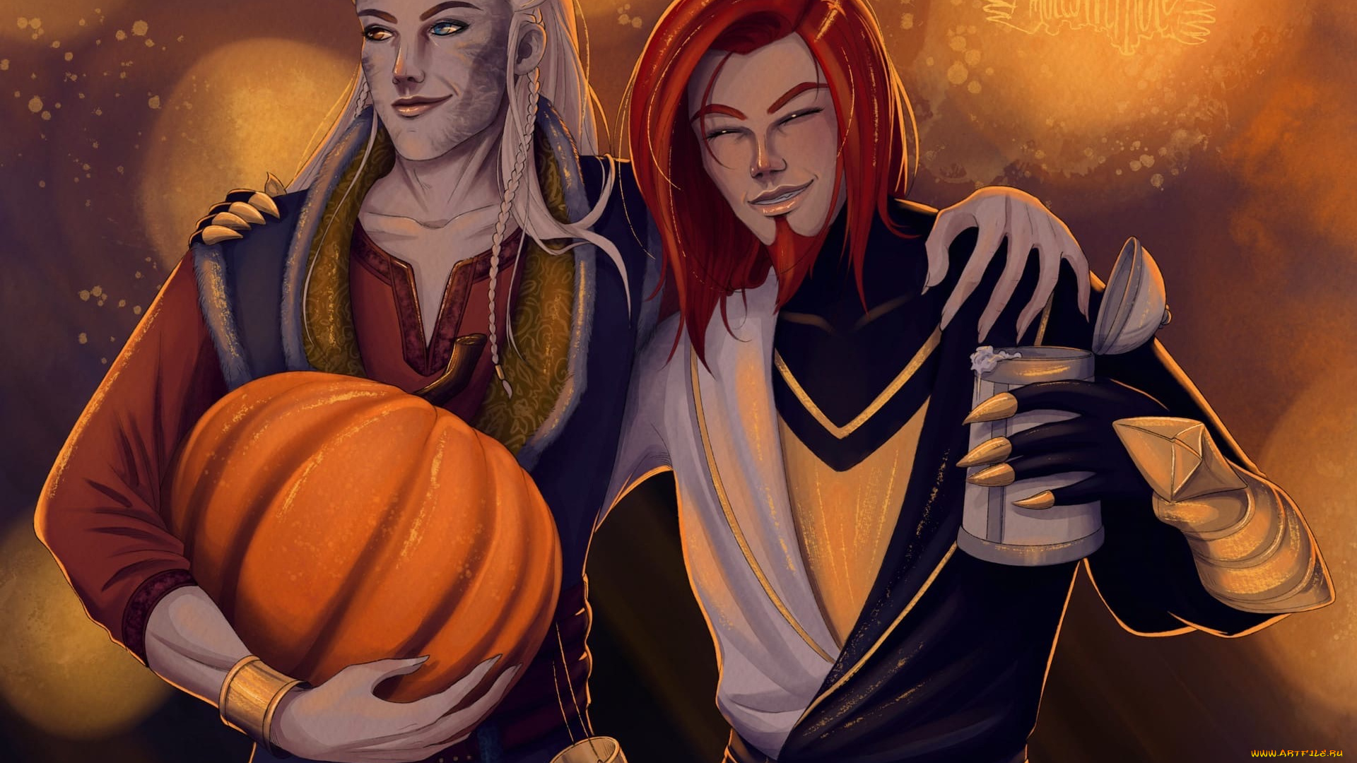 фэнтези, существа, мужчины, кружка, тыква, когти