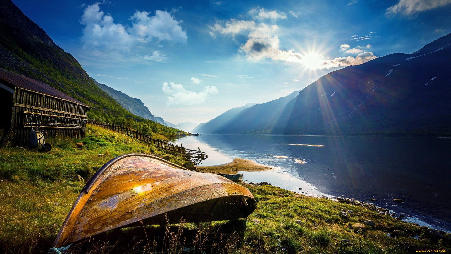 корабли, лодки, , шлюпки, горы, река, лодка, берег, сарай