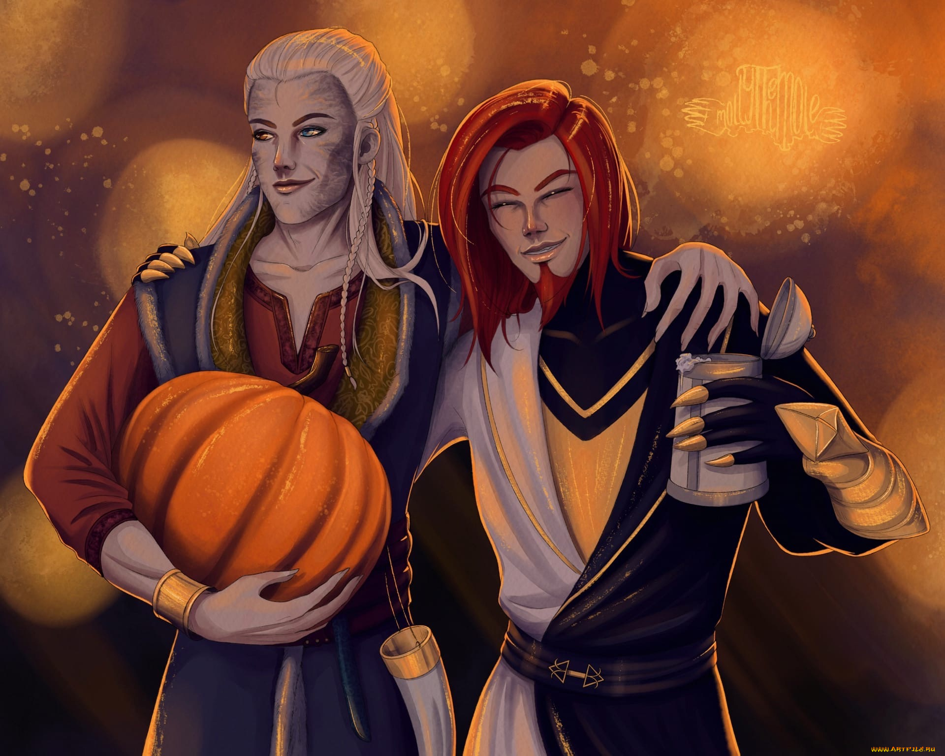 фэнтези, существа, мужчины, кружка, тыква, когти