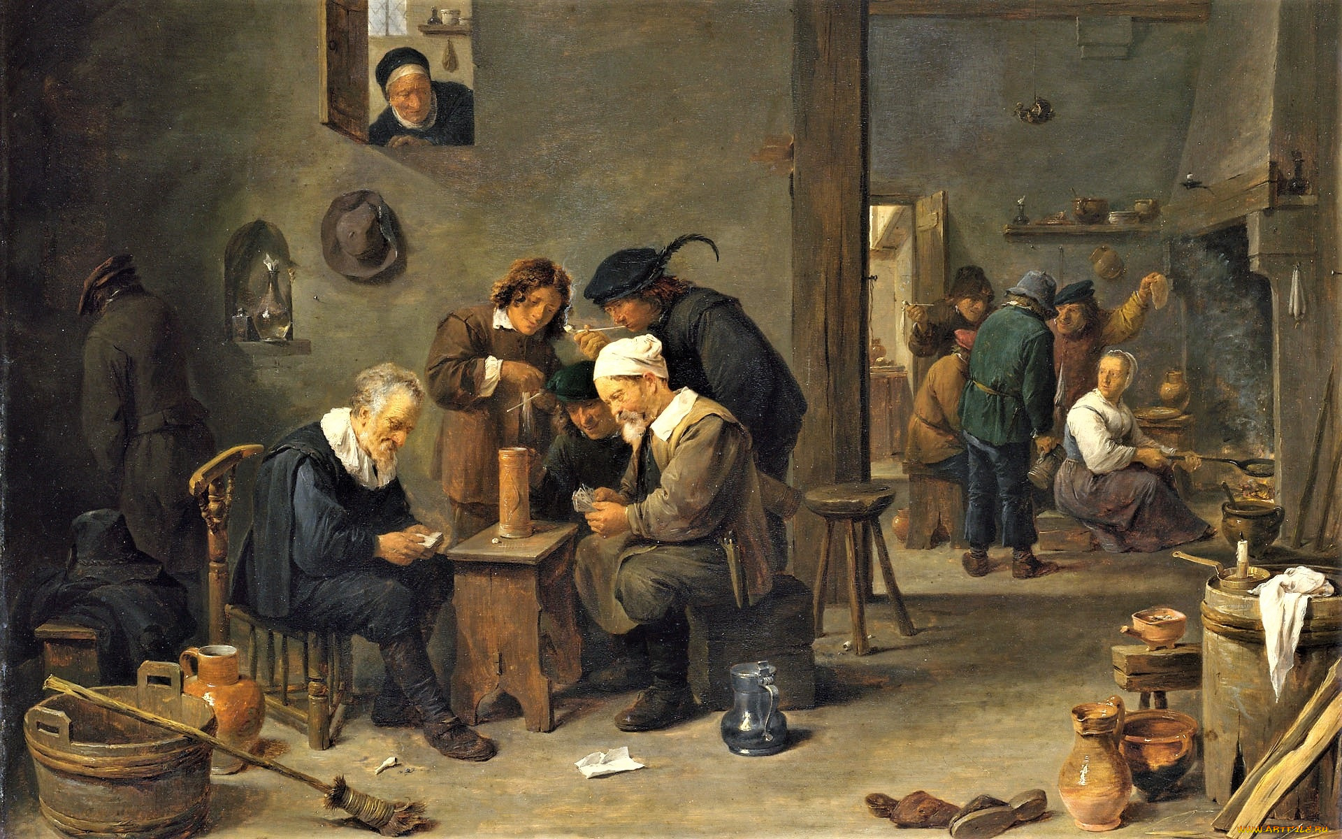 иероним, босх, , карточные, игры, рисованное, живопись, люди, дом, быт, игра