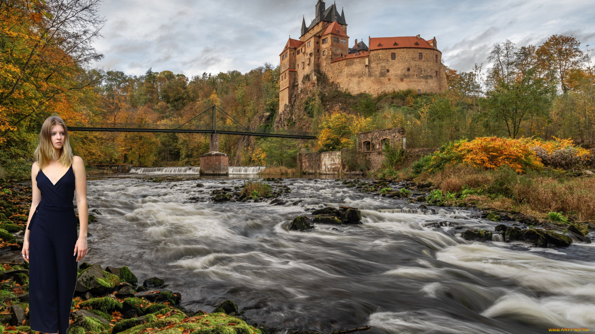 девушки, -, блондинки, , светловолосые, блондинка, замок, мост, река
