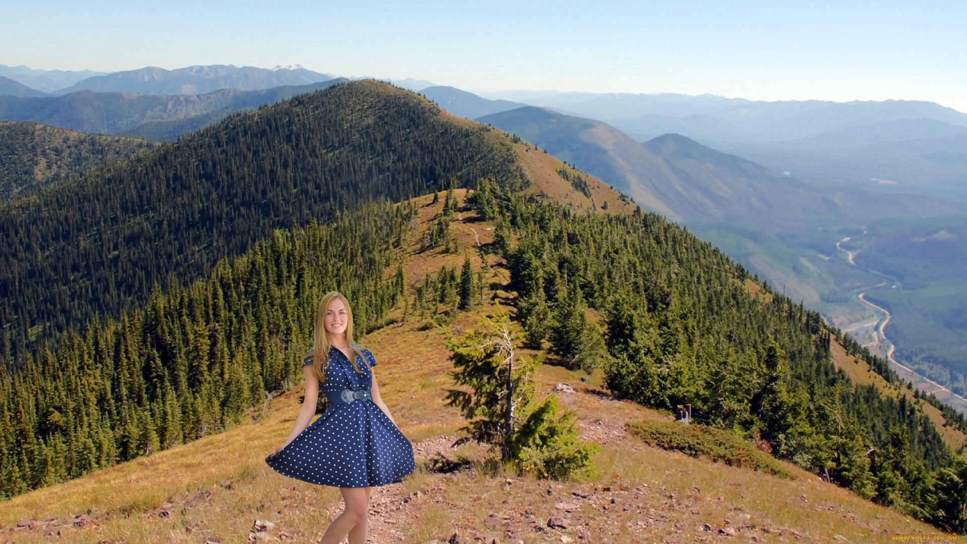 девушки, -, блондинки, , светловолосые, горы, блондинка, платье, улыбка