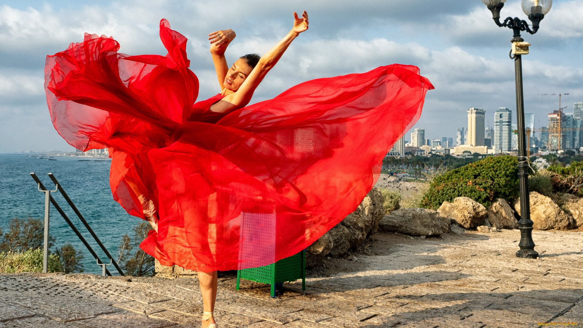 девушки, -, брюнетки, , шатенки, набережная, балерина, поза, алое, платье